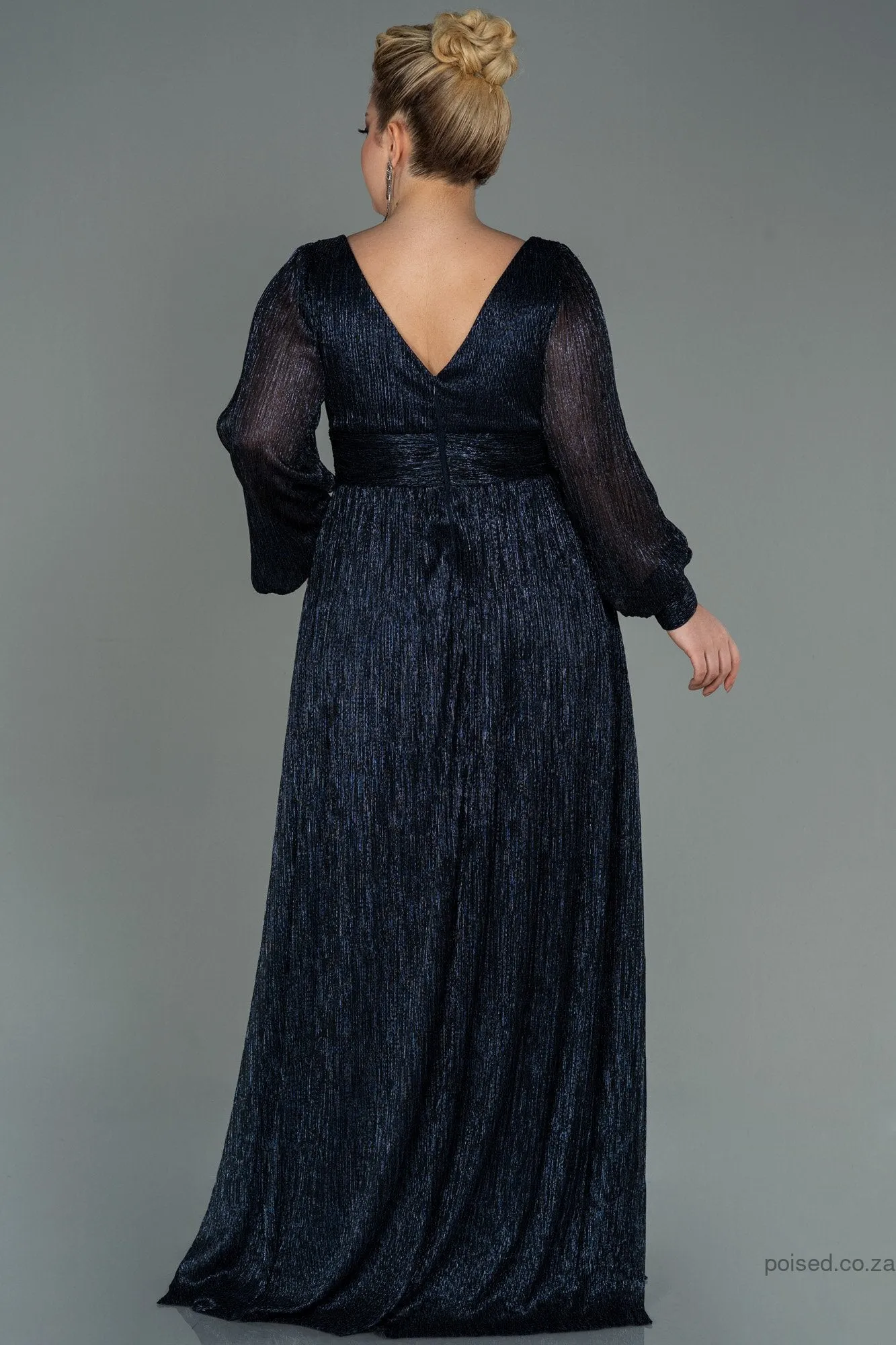 30156 Navy Blue Draped Waist Slit Sleeve Shimmer Dress