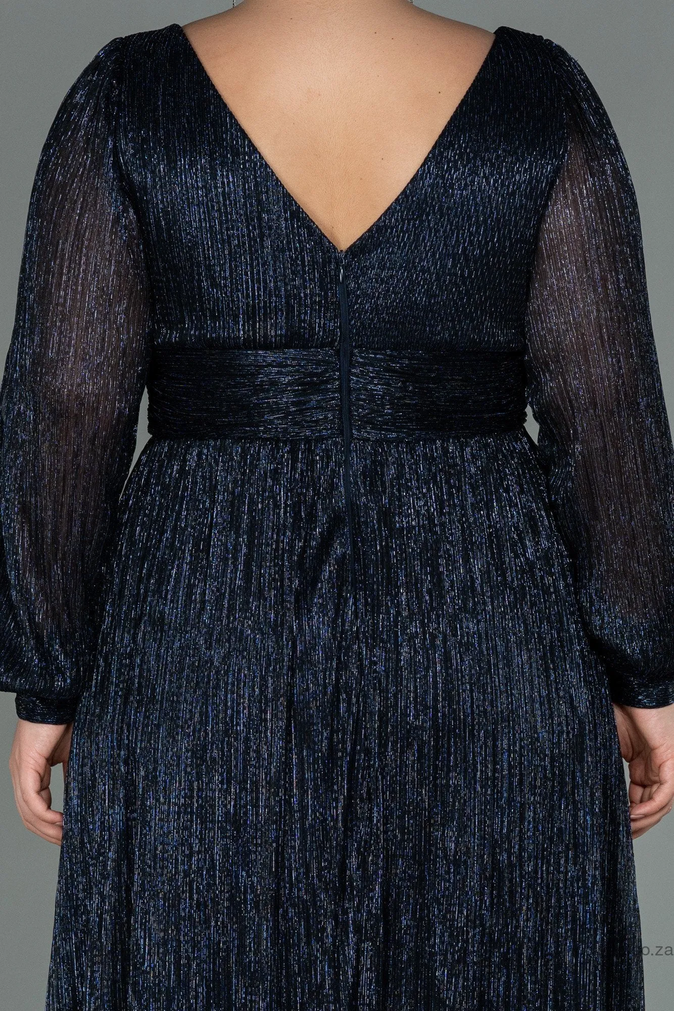 30156 Navy Blue Draped Waist Slit Sleeve Shimmer Dress