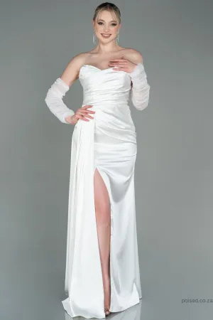 30178 Off-White Draped Slit Strapless Dress