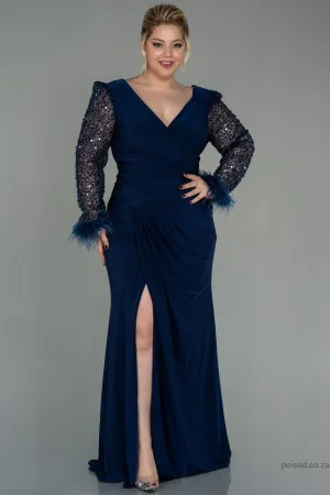 30196 Navy Blue Sequin Feather Draped Slit Dress