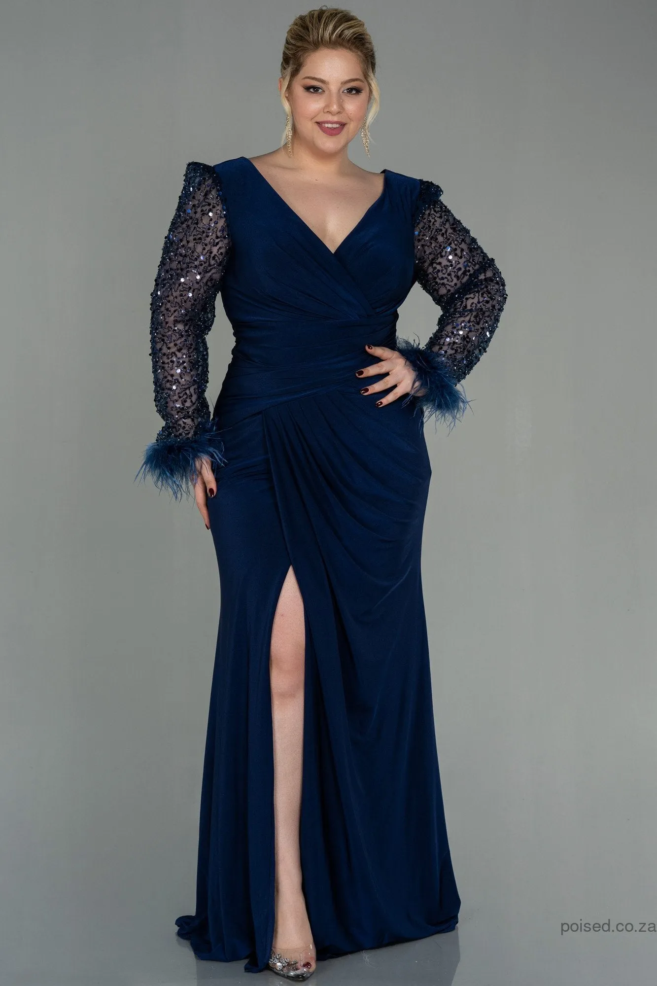 30196 Navy Blue Sequin Feather Draped Slit Dress