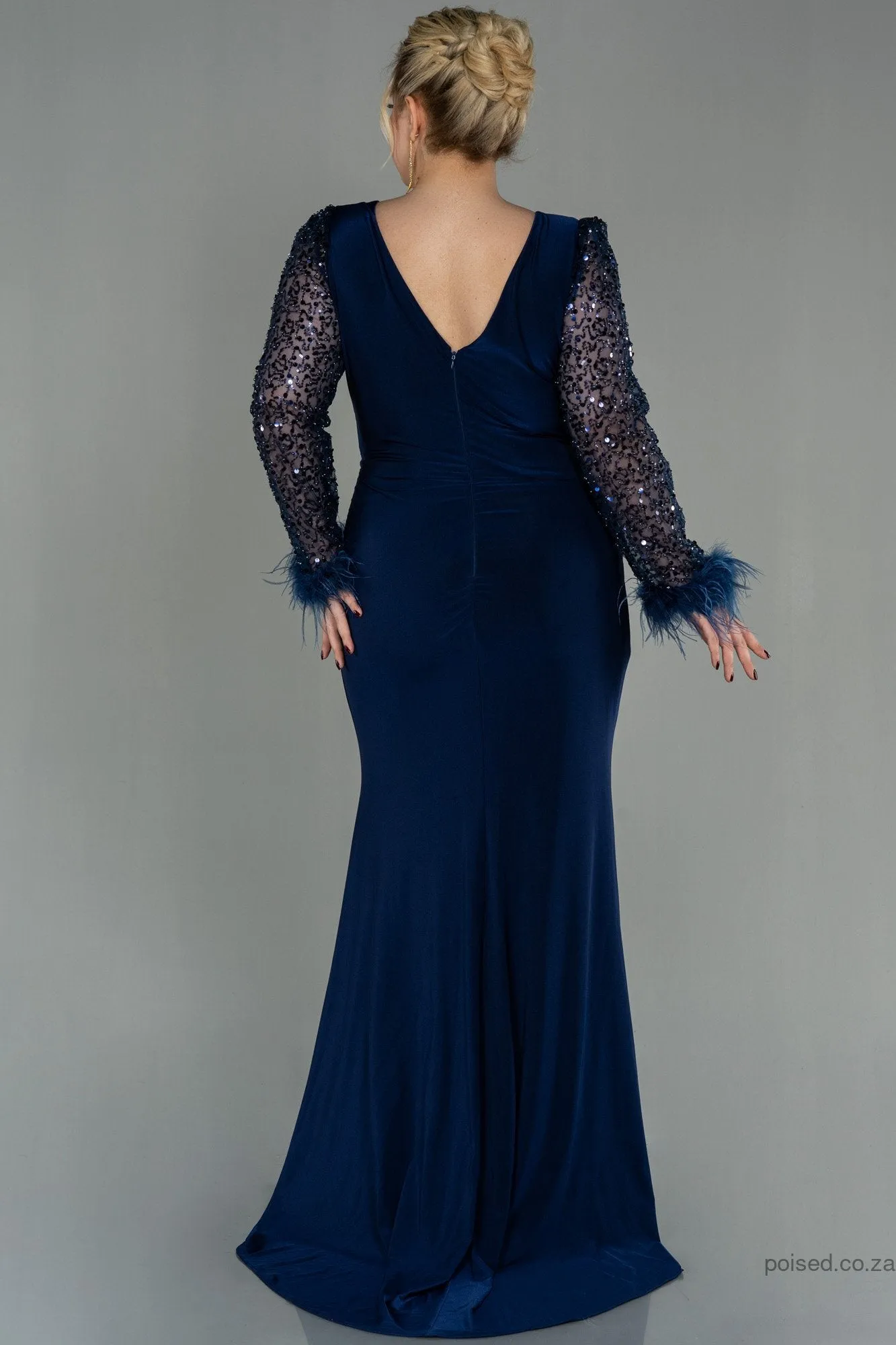 30196 Navy Blue Sequin Feather Draped Slit Dress
