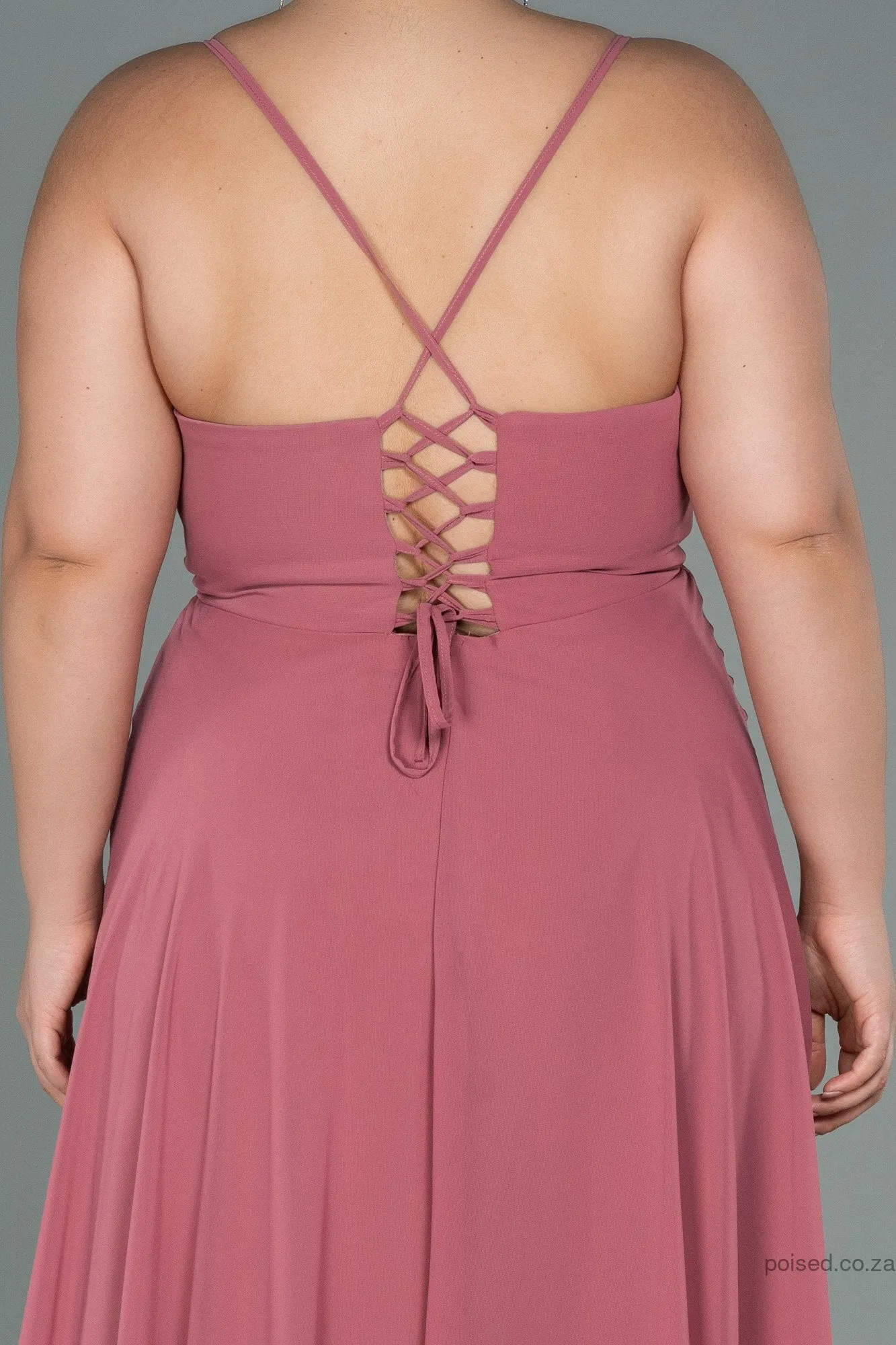 30202 Dusty Pink Back Cross Strap Slit Chiffon Dress