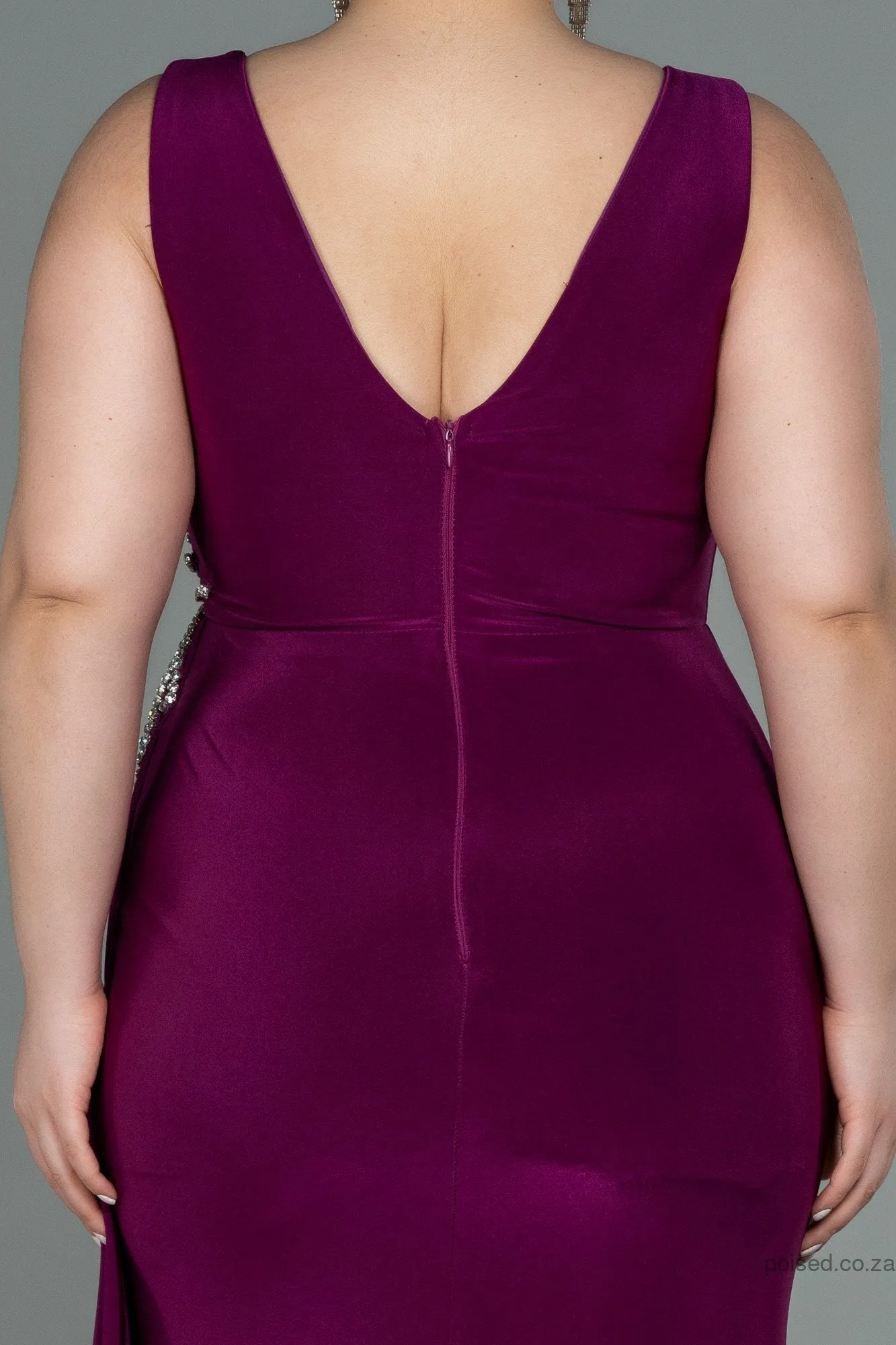 30226 Plum Accessorised Draped Slit Dress