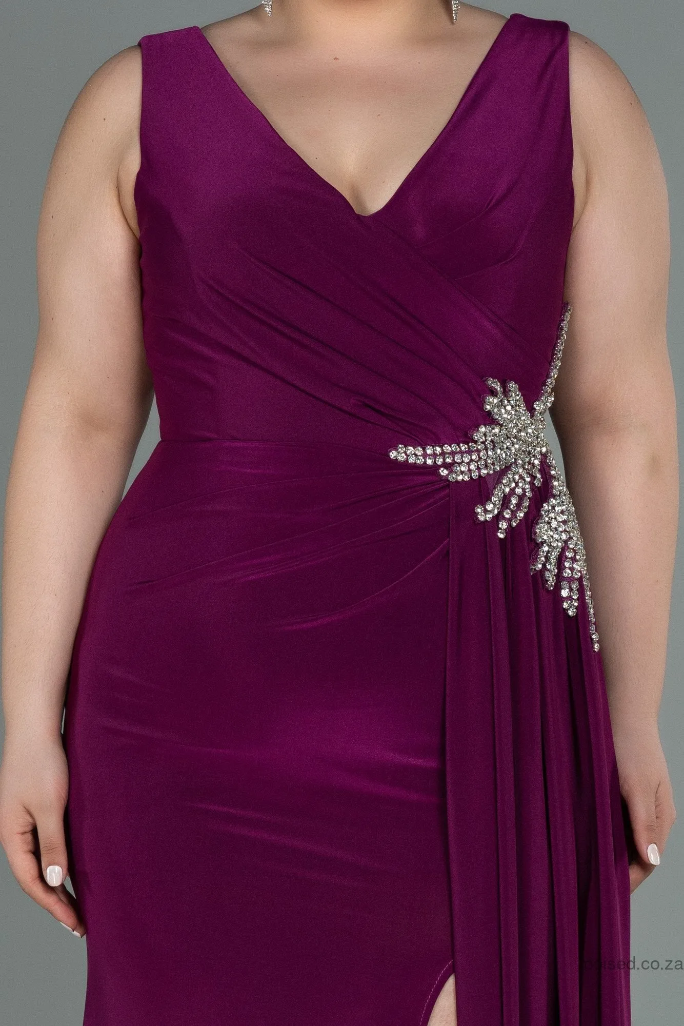 30226 Plum Accessorised Draped Slit Dress