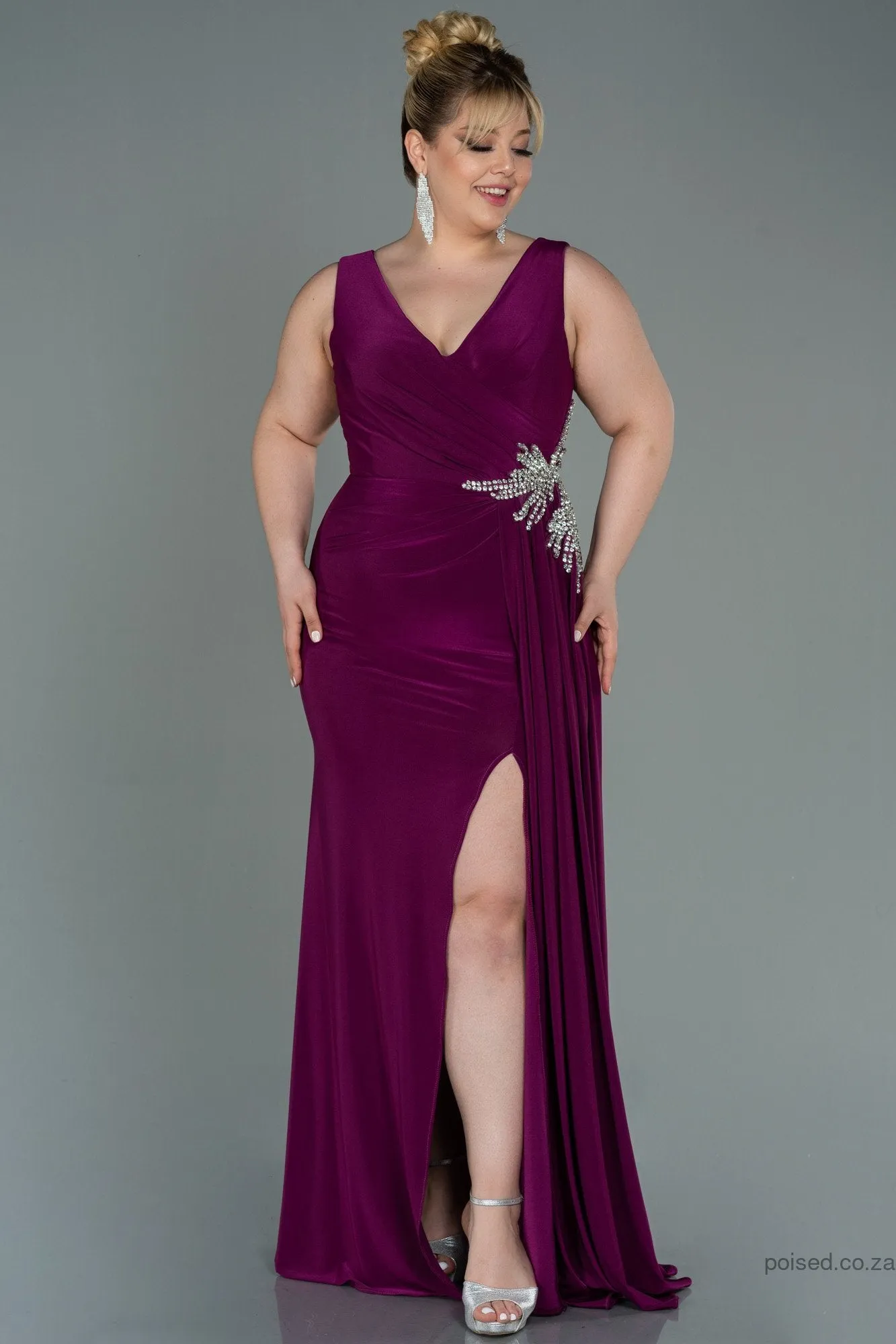30226 Plum Accessorised Draped Slit Dress