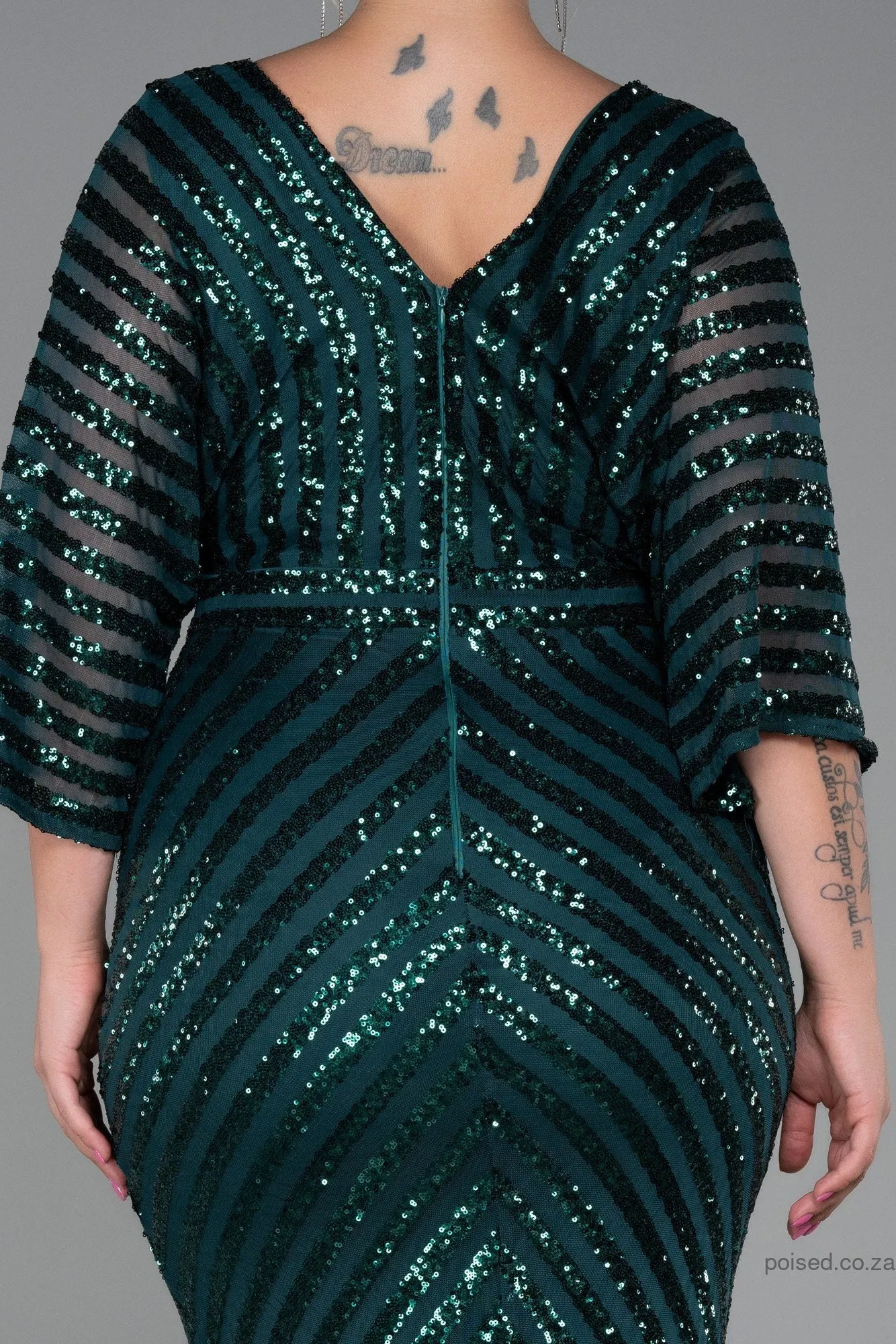 30230 Emerald Green Sheer Sleeve Sequins Mermaid Dress