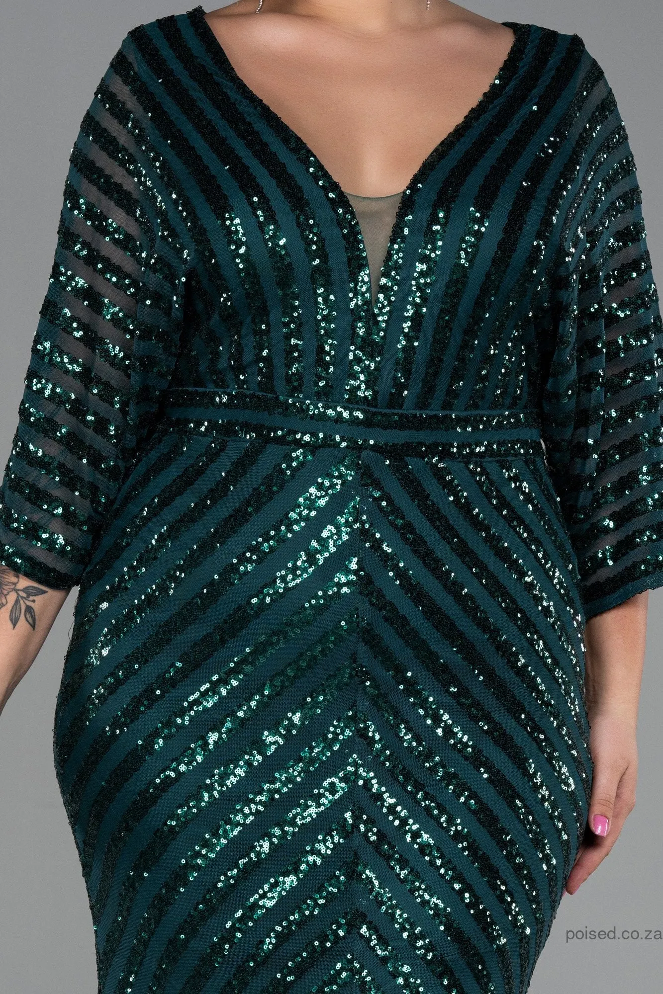 30230 Emerald Green Sheer Sleeve Sequins Mermaid Dress