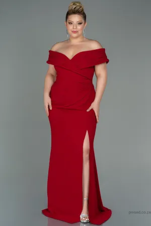 30239 Red Draped Off-Shoulder Slit Dress