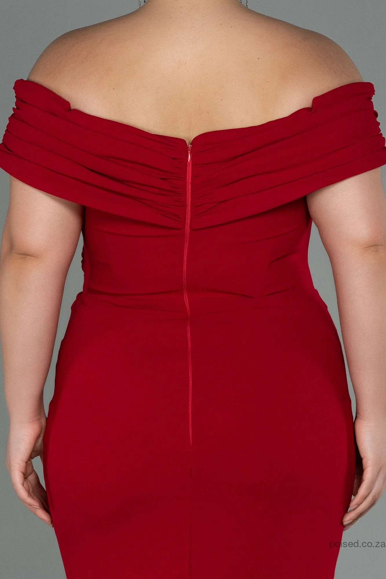 30239 Red Draped Off-Shoulder Slit Dress
