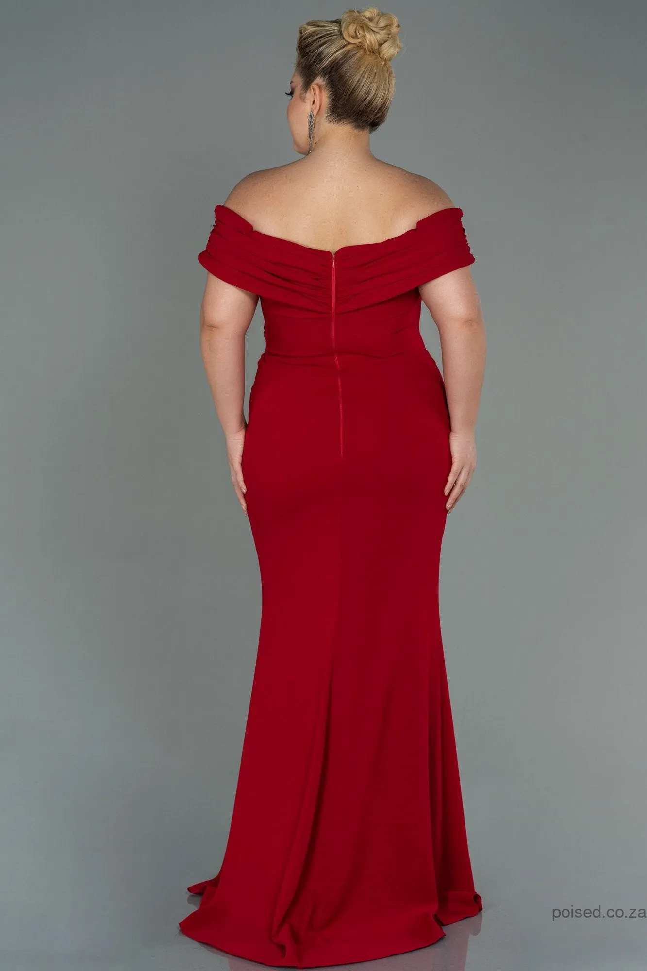 30239 Red Draped Off-Shoulder Slit Dress