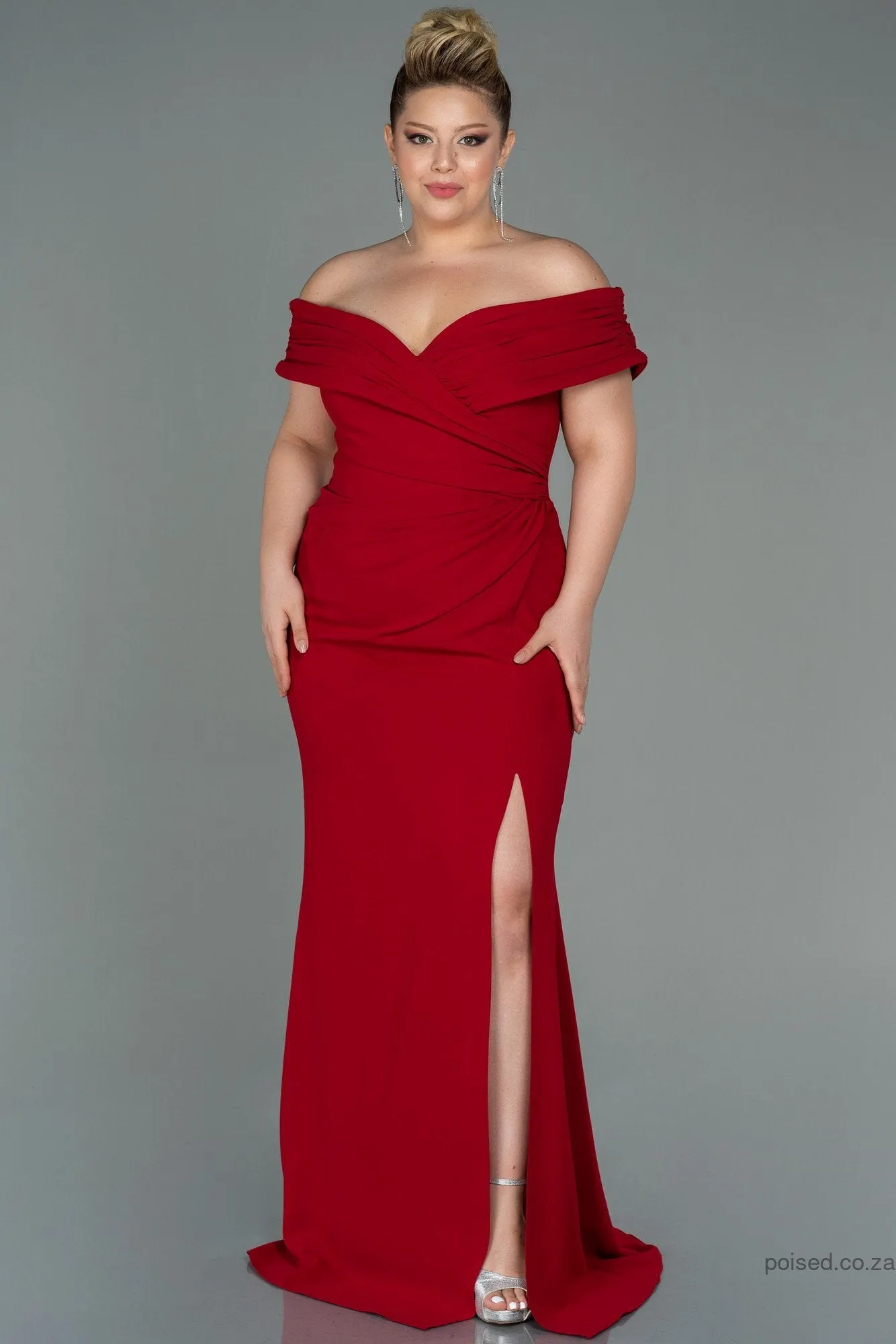 30239 Red Draped Off-Shoulder Slit Dress