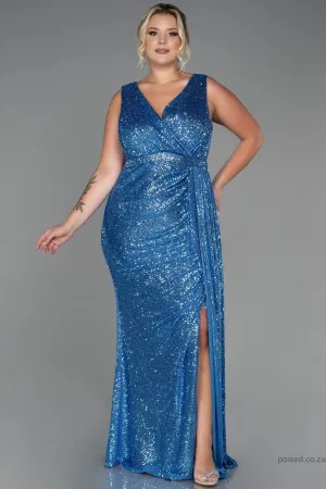 30249 Blue Draped Sequins Slit Dress