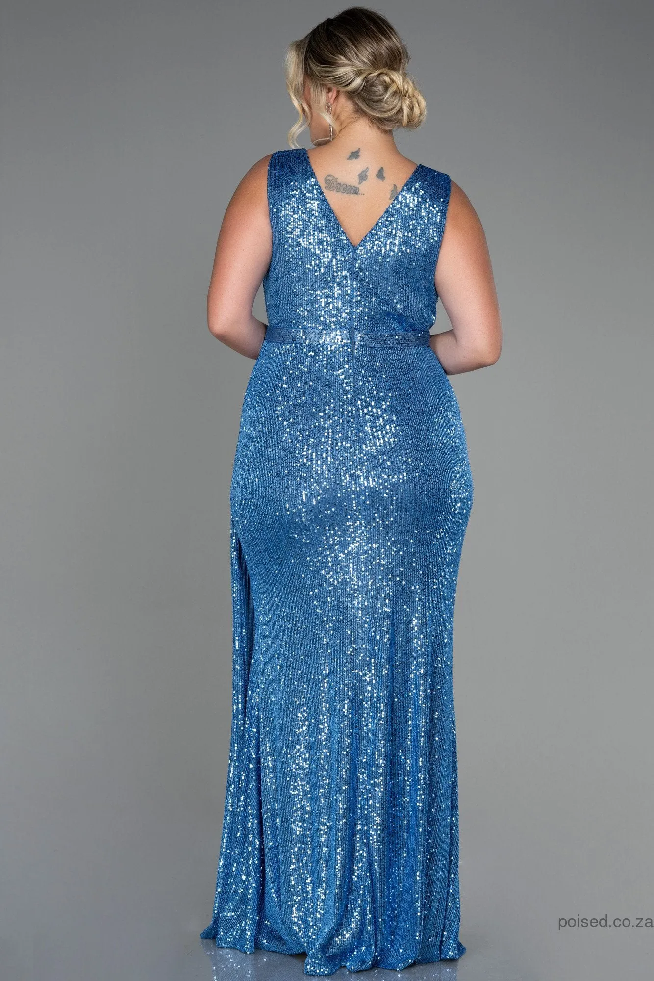 30249 Blue Draped Sequins Slit Dress