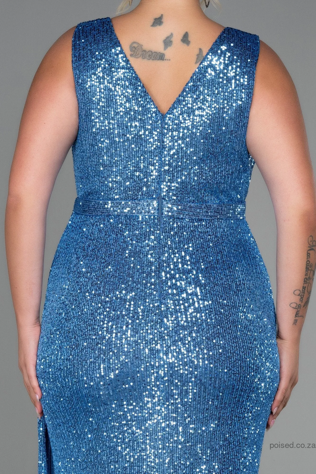 30249 Blue Draped Sequins Slit Dress