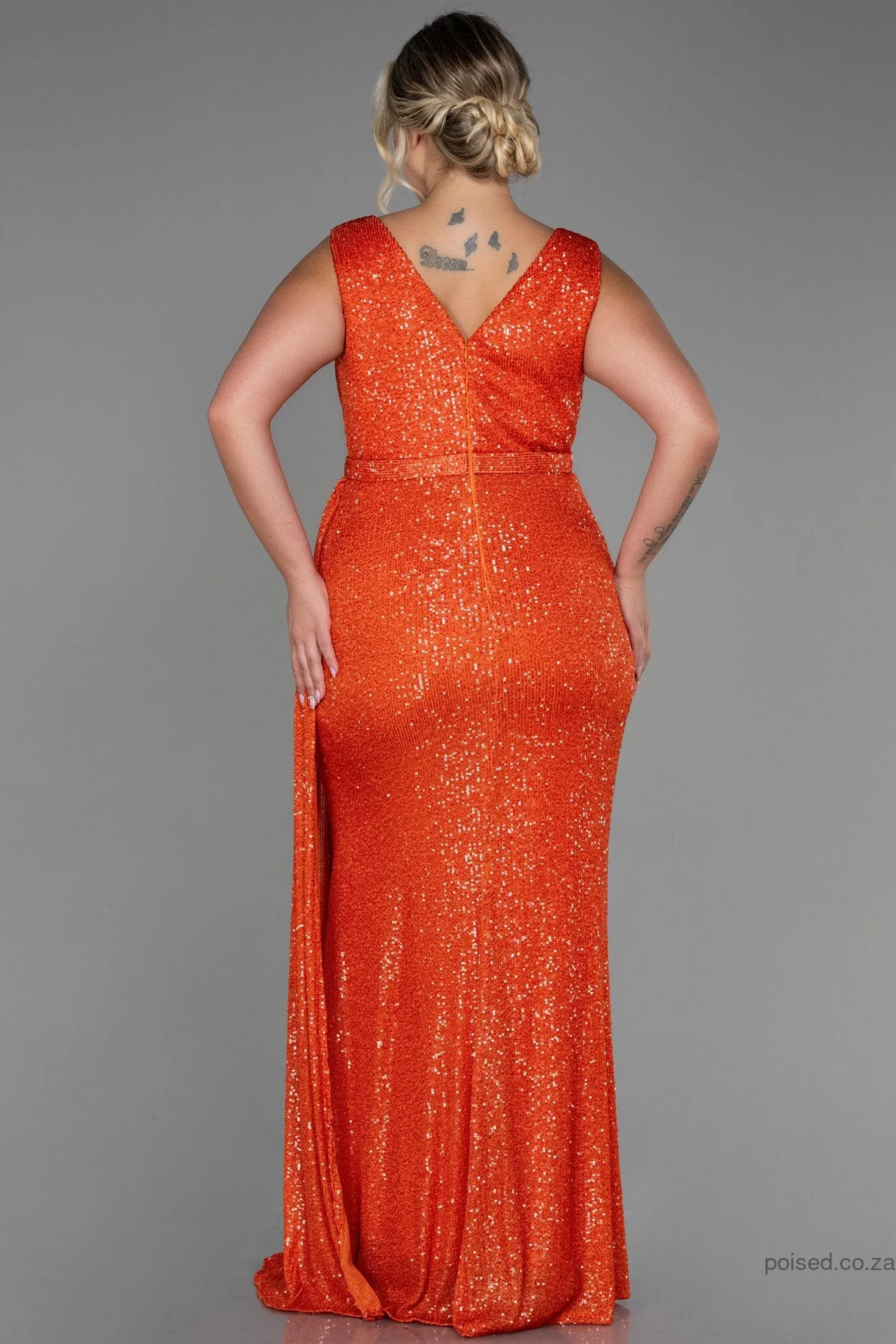 30251 Orange Draped Sequins Slit Dress