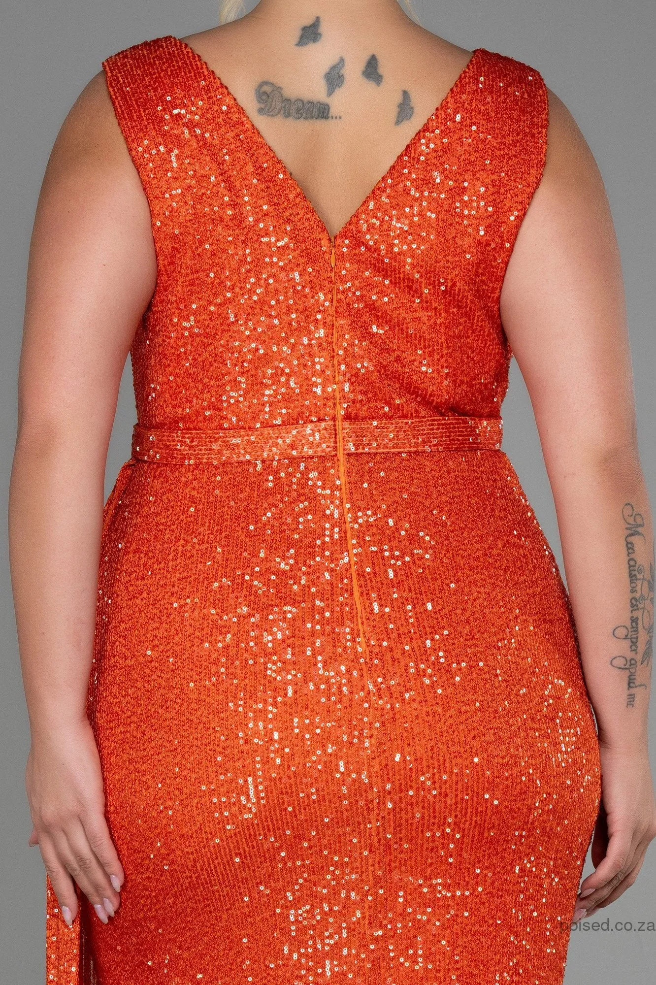 30251 Orange Draped Sequins Slit Dress