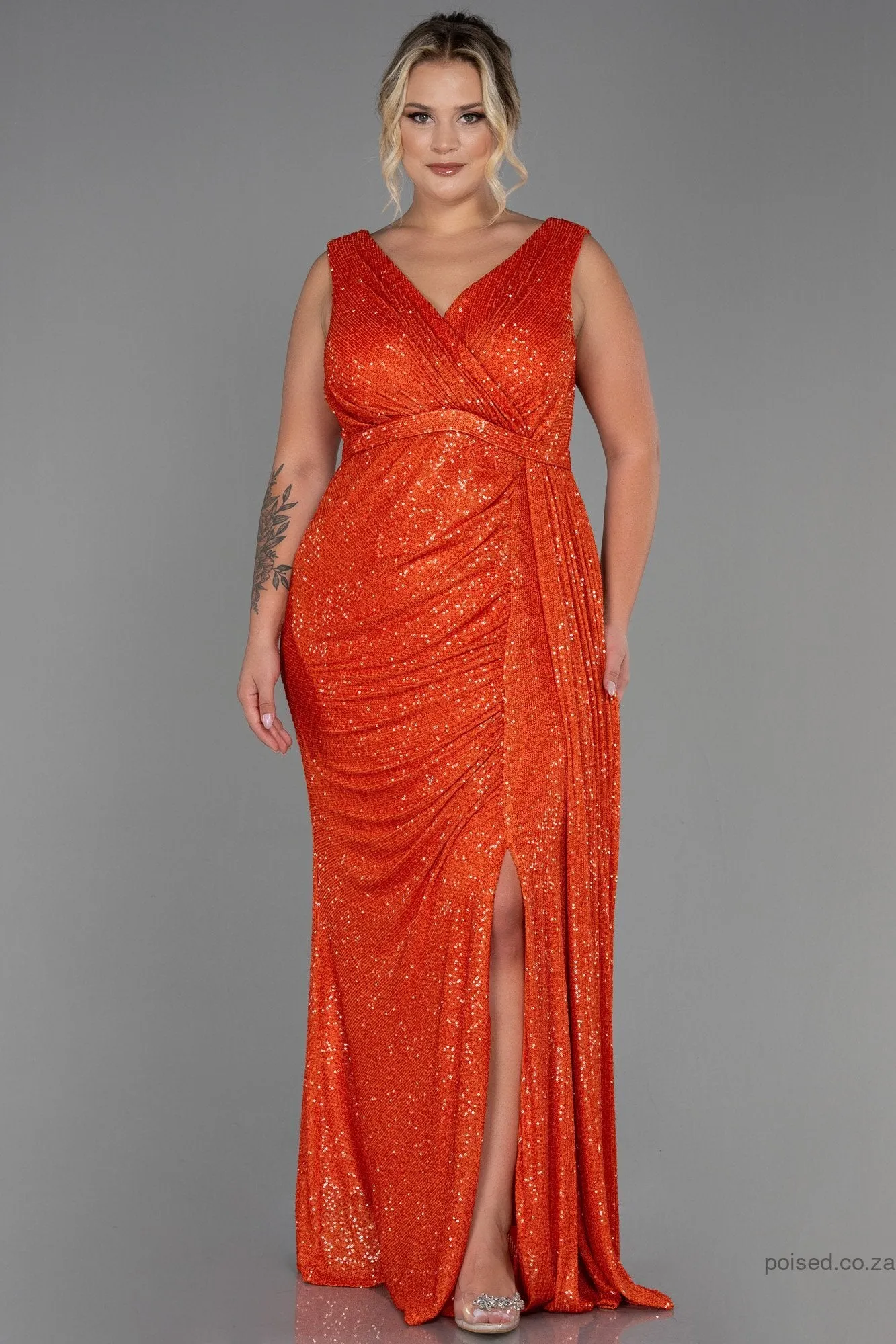 30251 Orange Draped Sequins Slit Dress