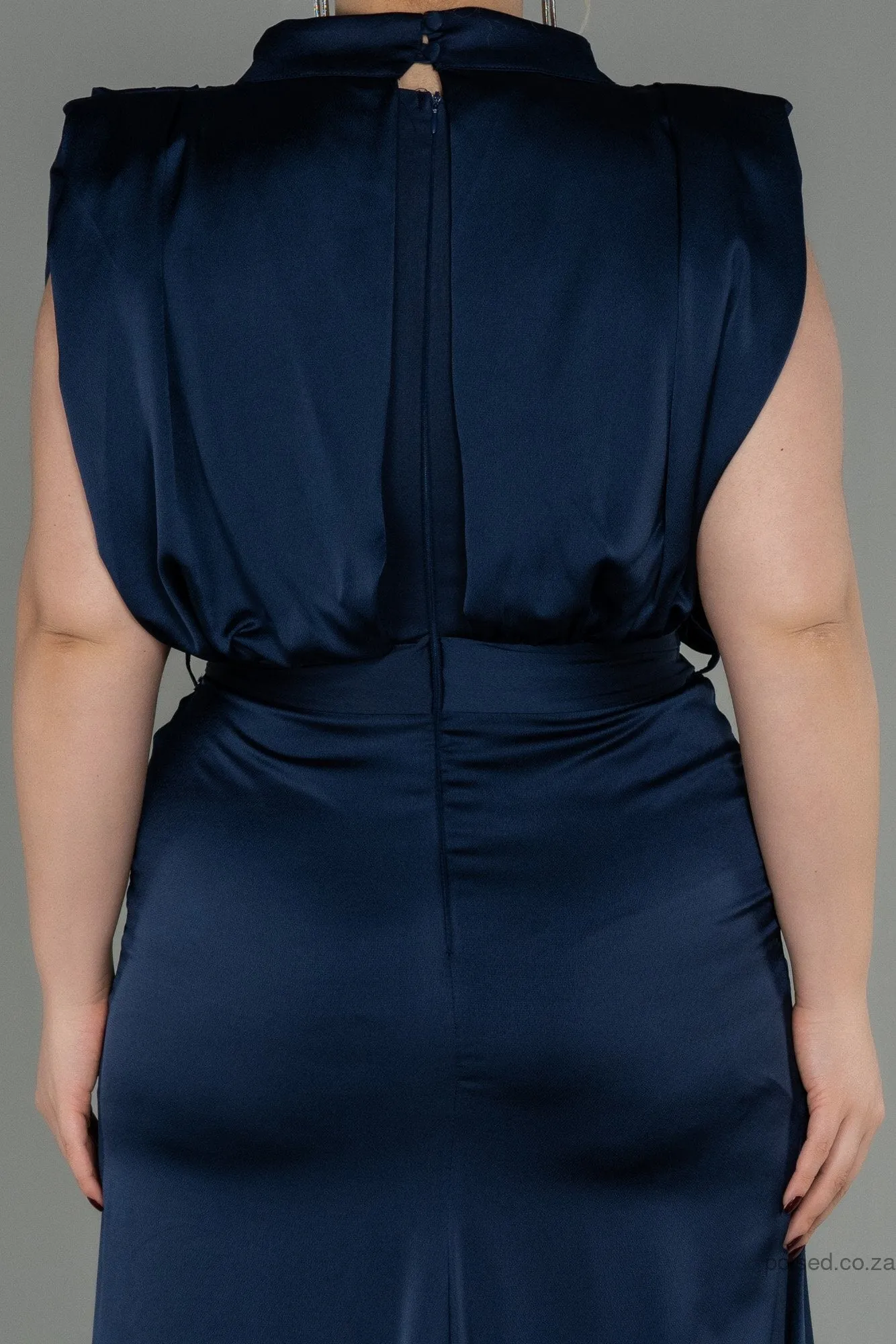 30264 Navy Blue Draped Back Train Slit Dress