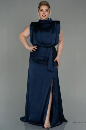 30264 Navy Blue Draped Back Train Slit Dress