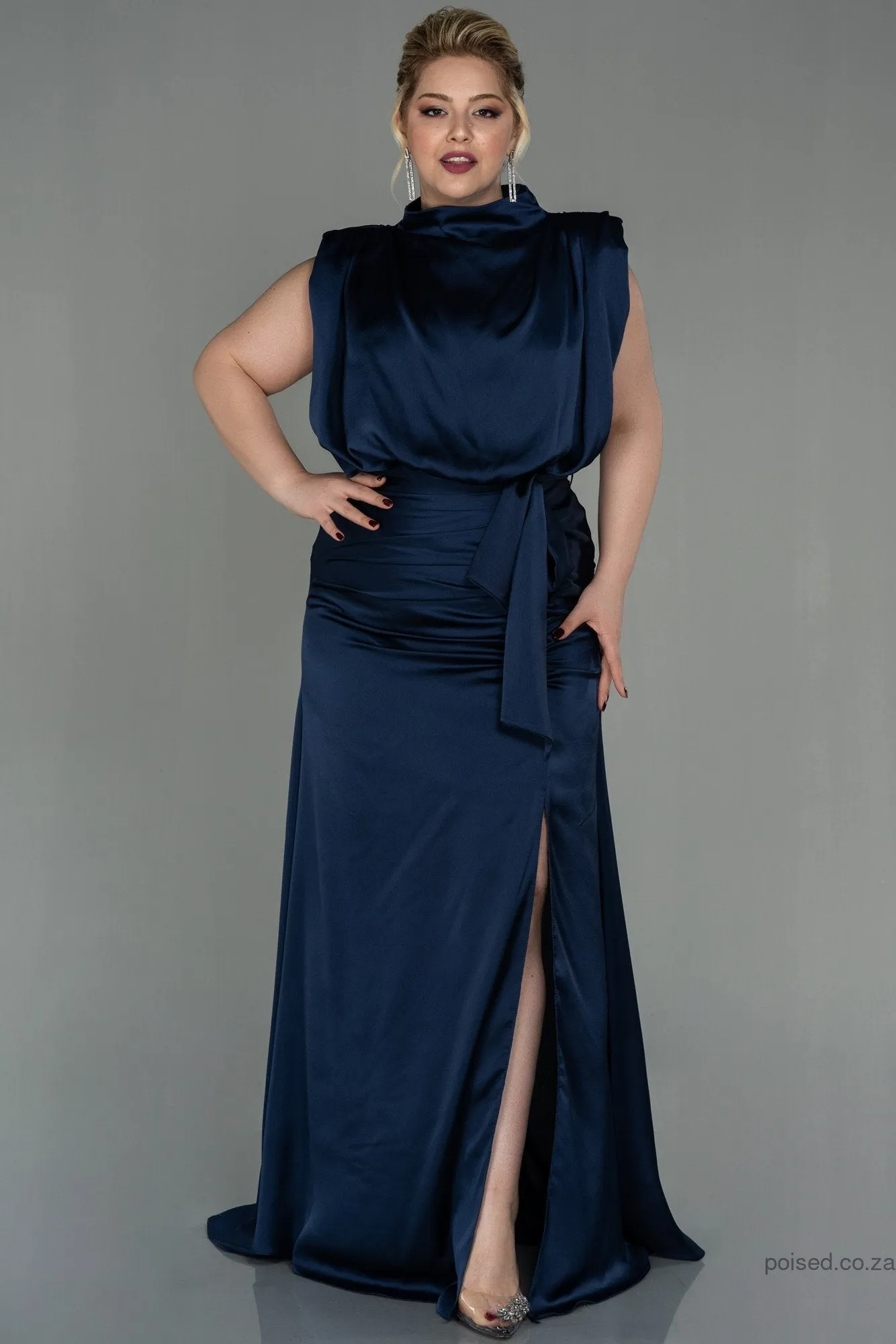 30264 Navy Blue Draped Back Train Slit Dress