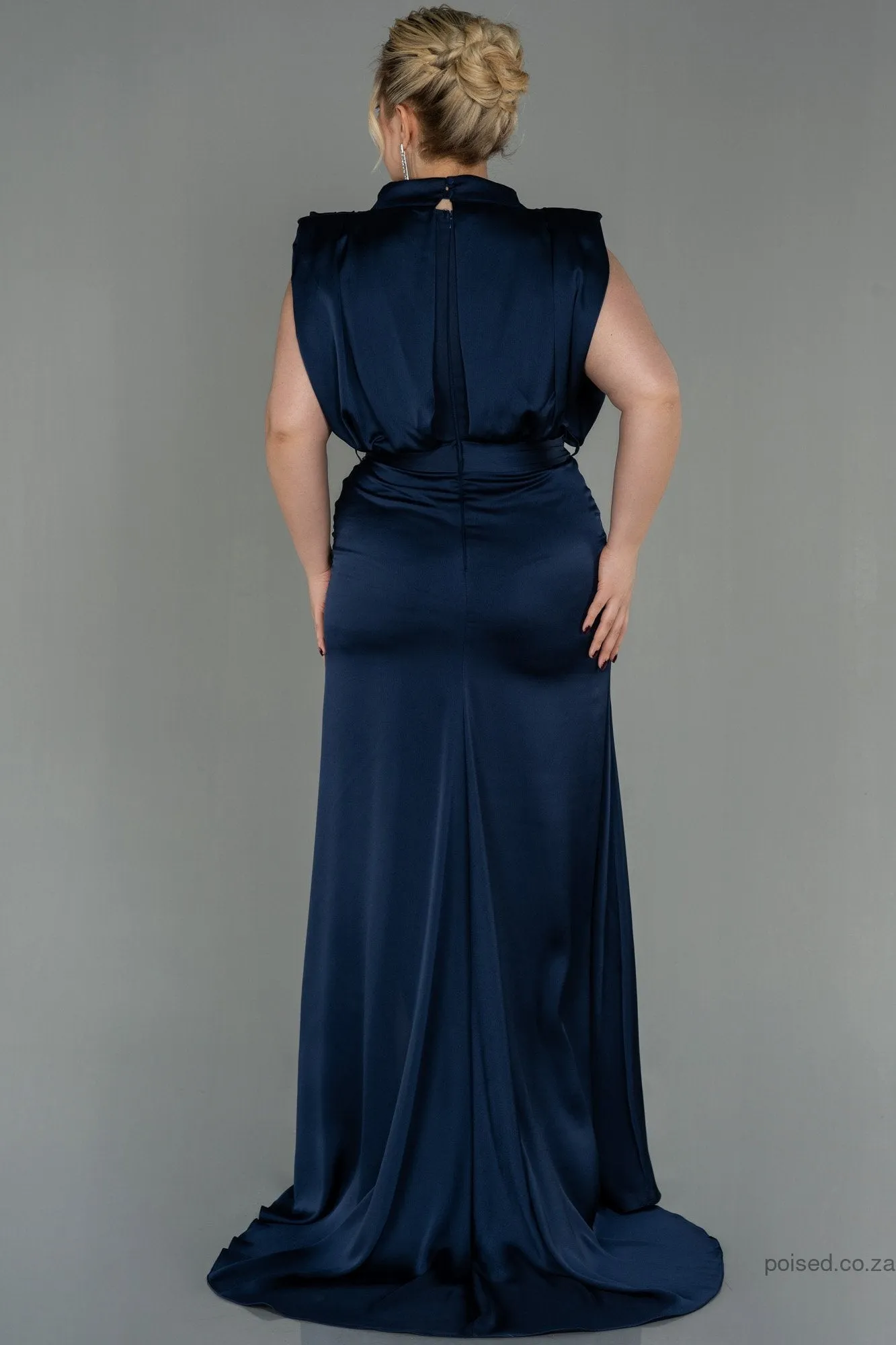 30264 Navy Blue Draped Back Train Slit Dress