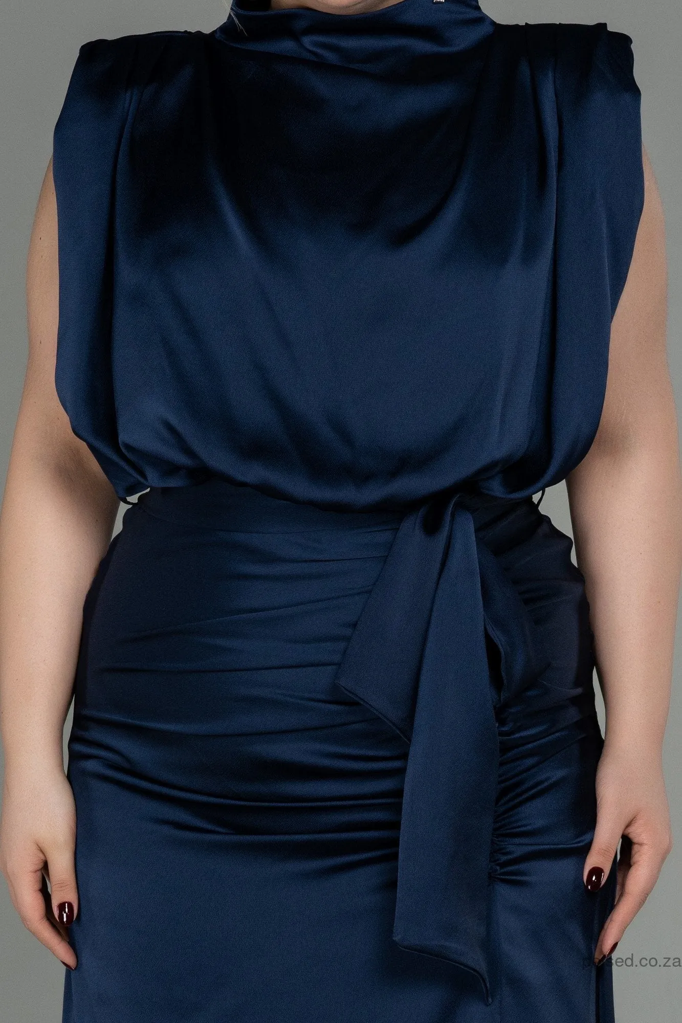 30264 Navy Blue Draped Back Train Slit Dress