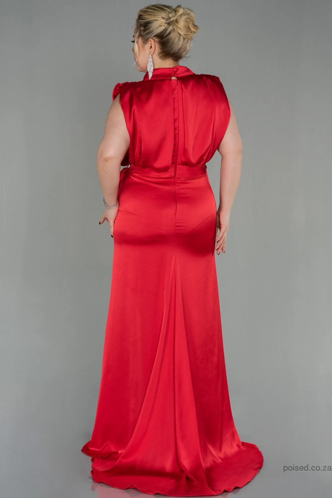 30266 Red Draped Back Train Slit Dress