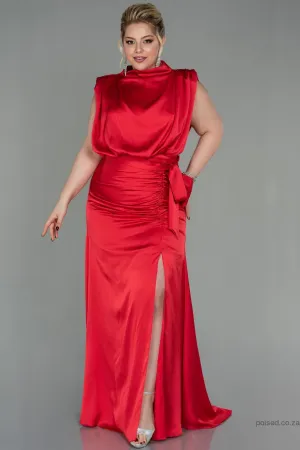 30266 Red Draped Back Train Slit Dress