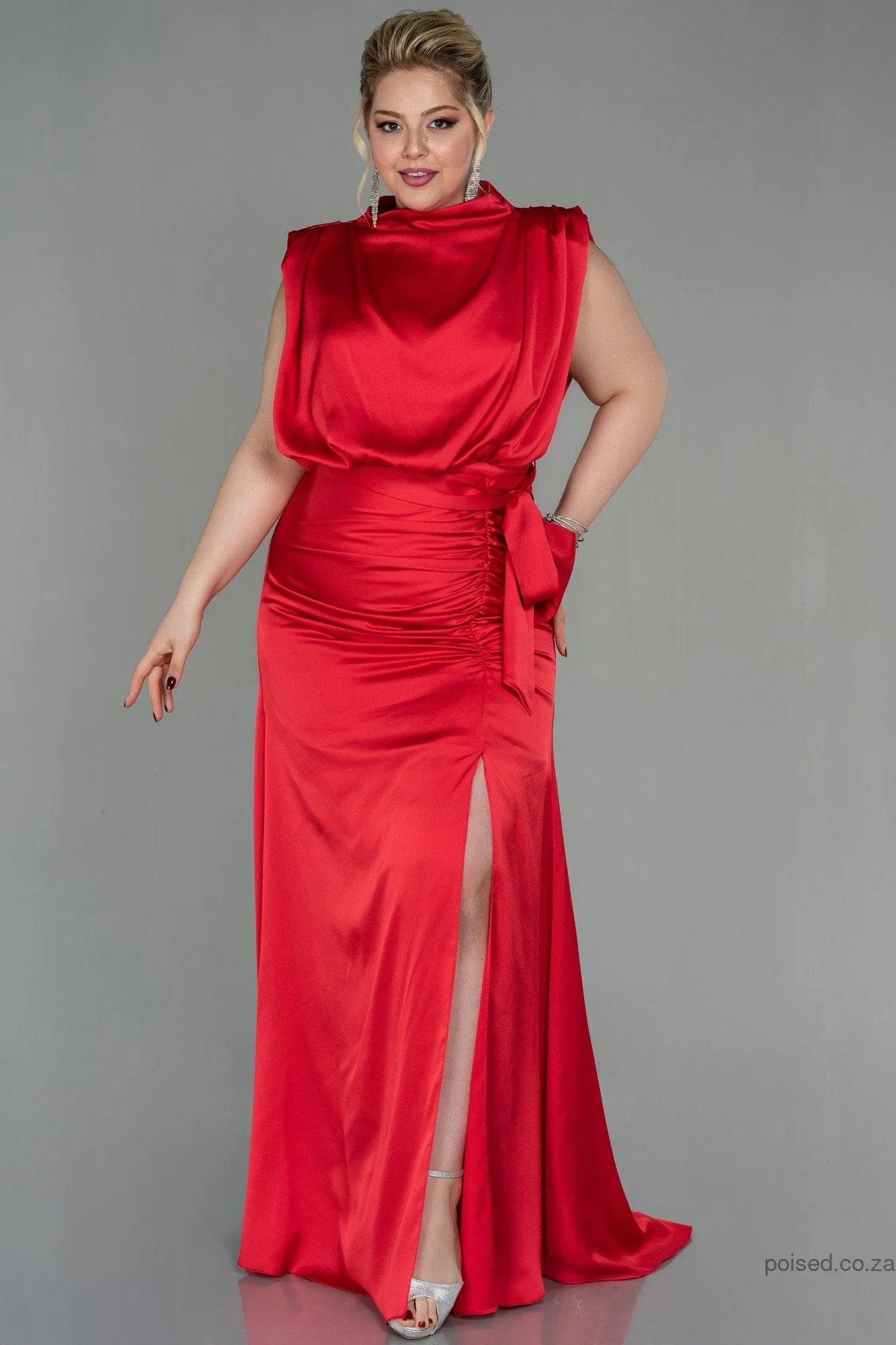 30266 Red Draped Back Train Slit Dress