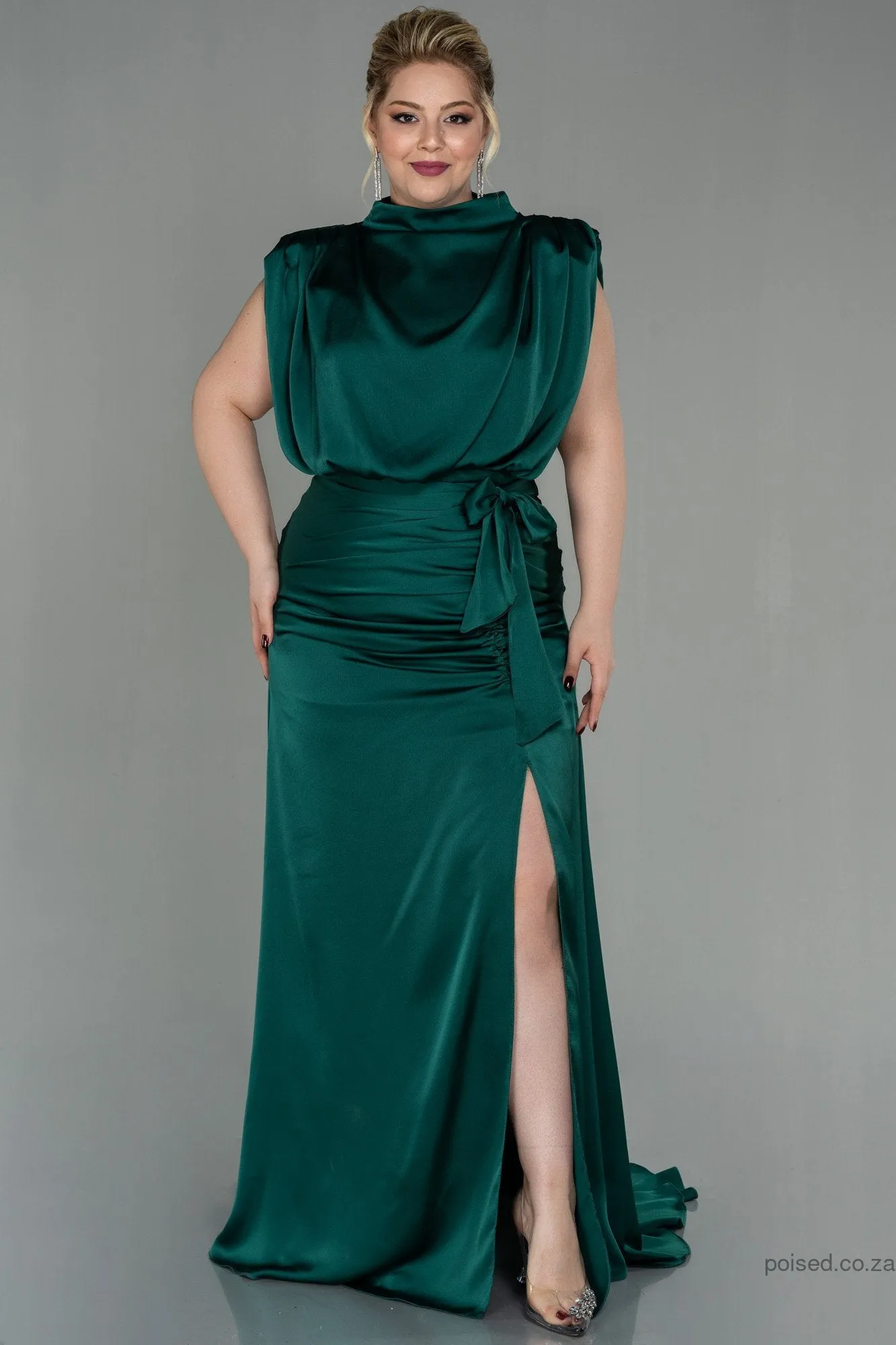 30268 Emerald Green Draped Back Train Slit Dress