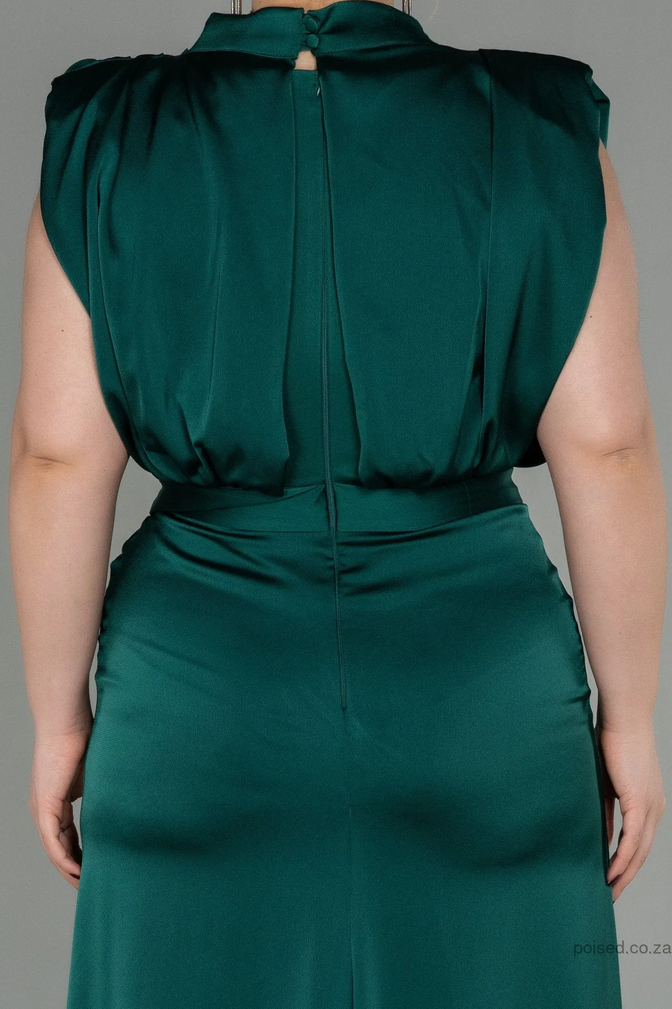 30268 Emerald Green Draped Back Train Slit Dress