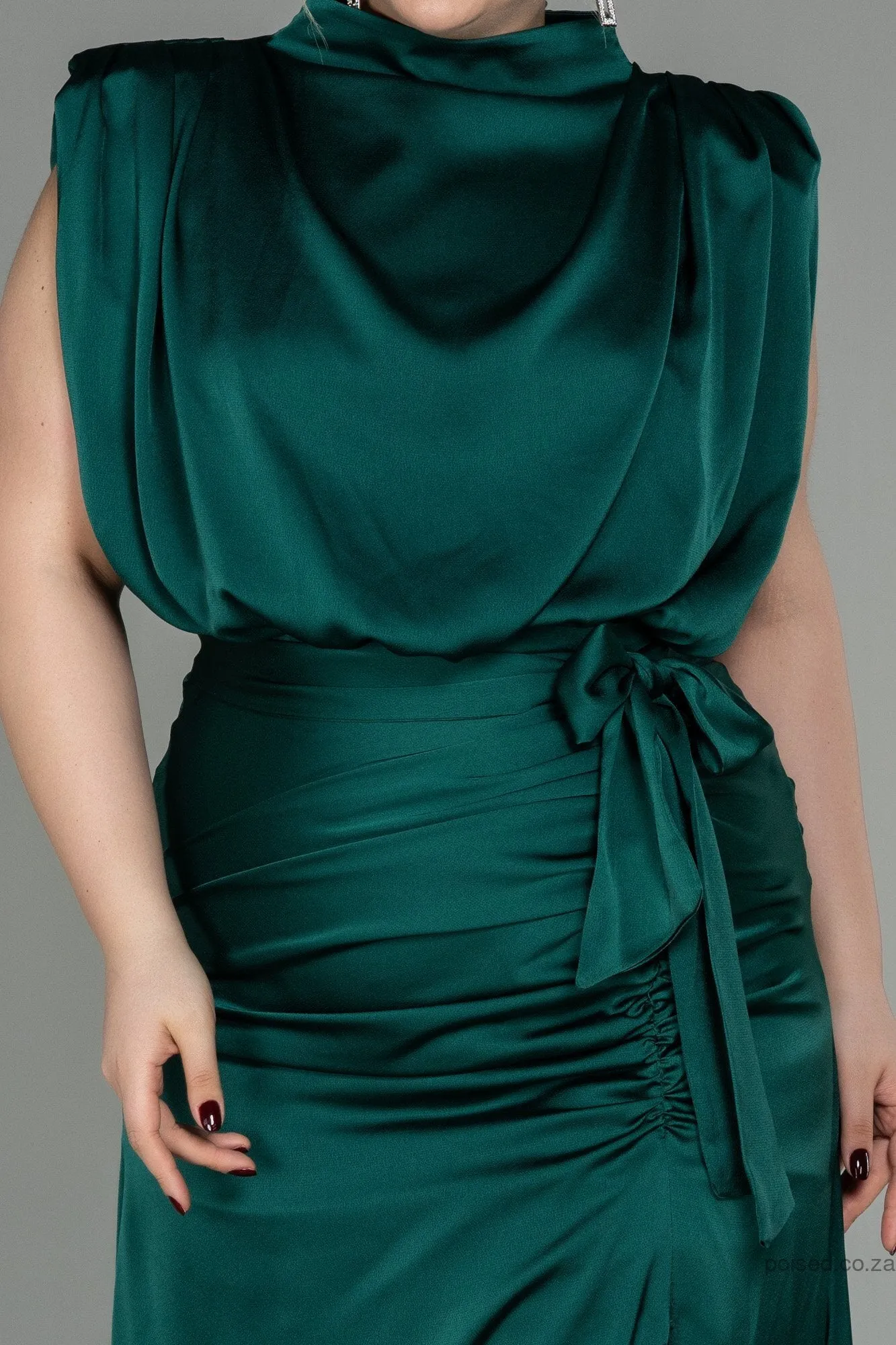 30268 Emerald Green Draped Back Train Slit Dress