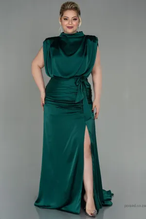 30268 Emerald Green Draped Back Train Slit Dress