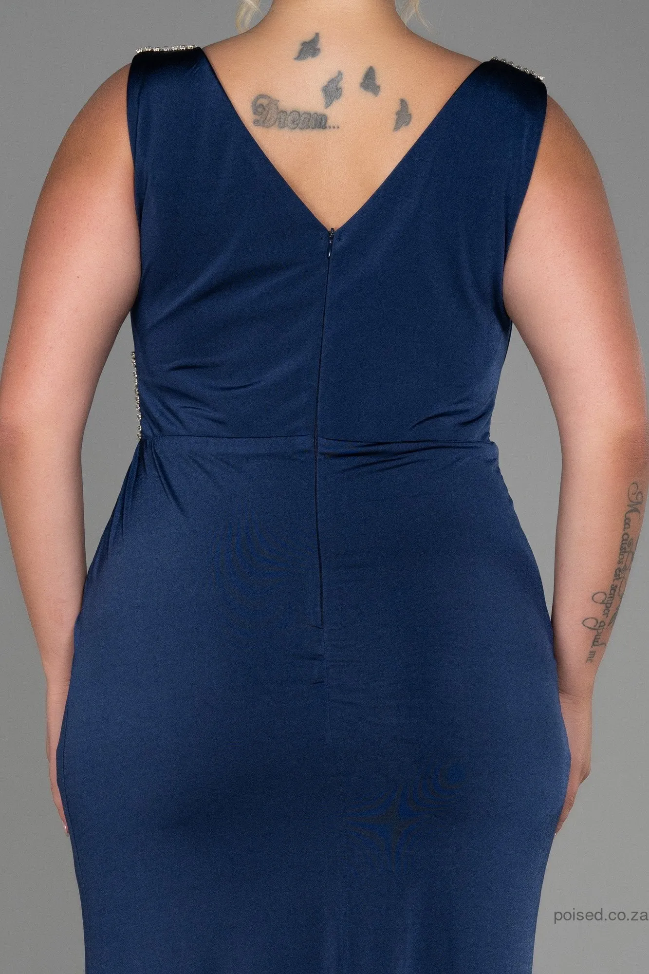 30273 Navy Blue Slit Draped Dress