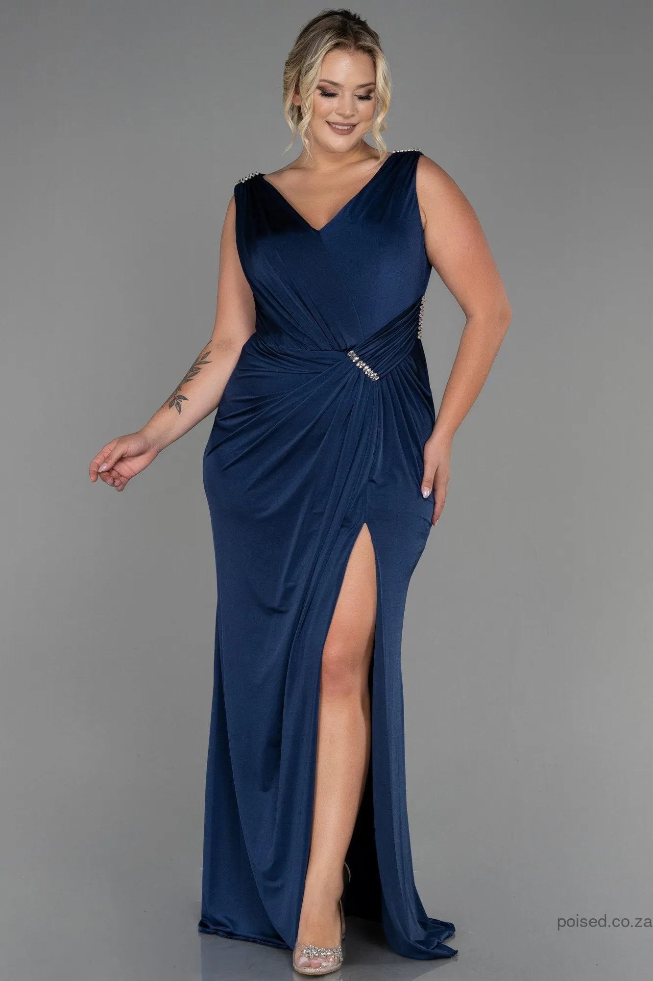 30273 Navy Blue Slit Draped Dress