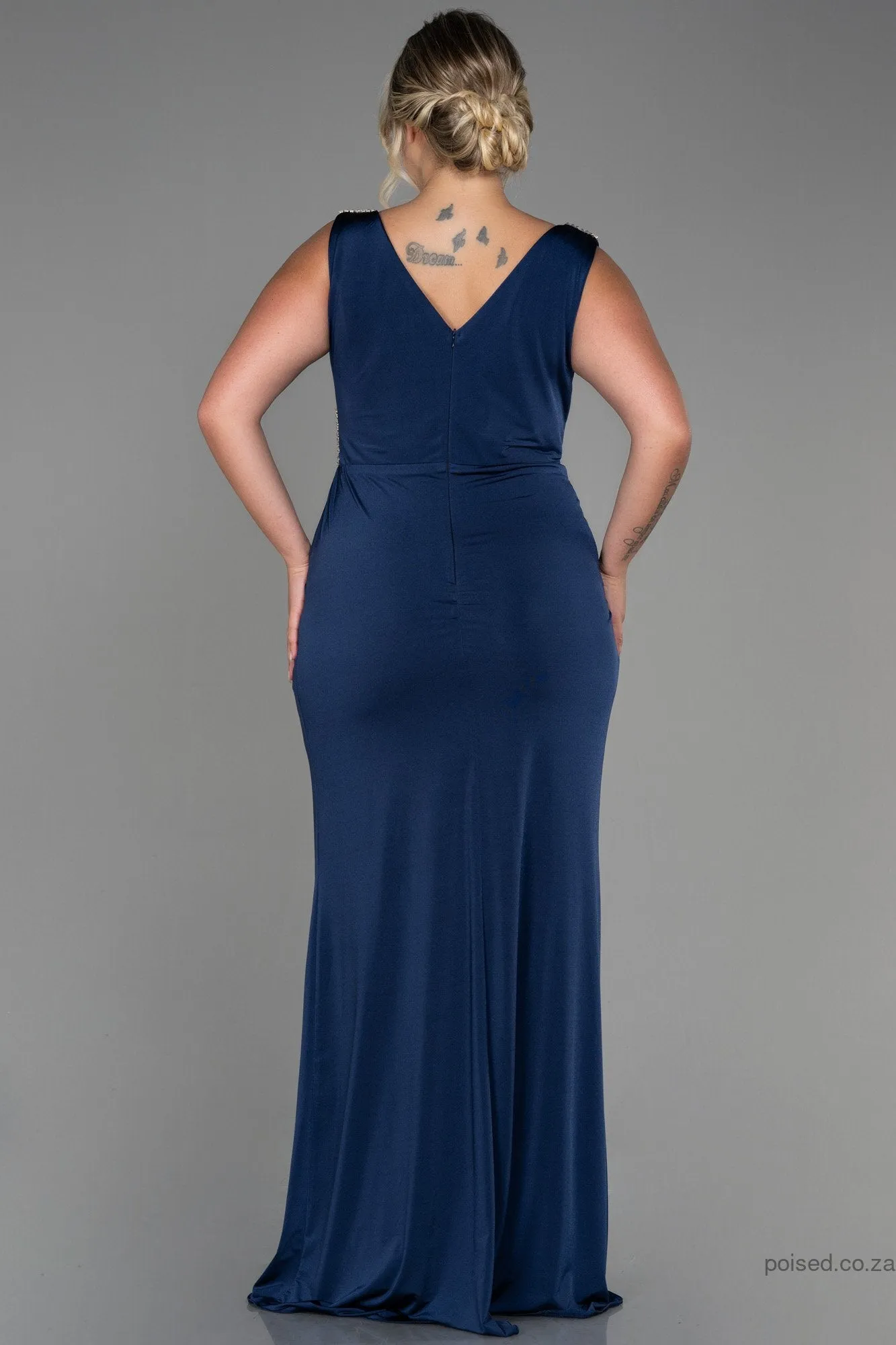 30273 Navy Blue Slit Draped Dress