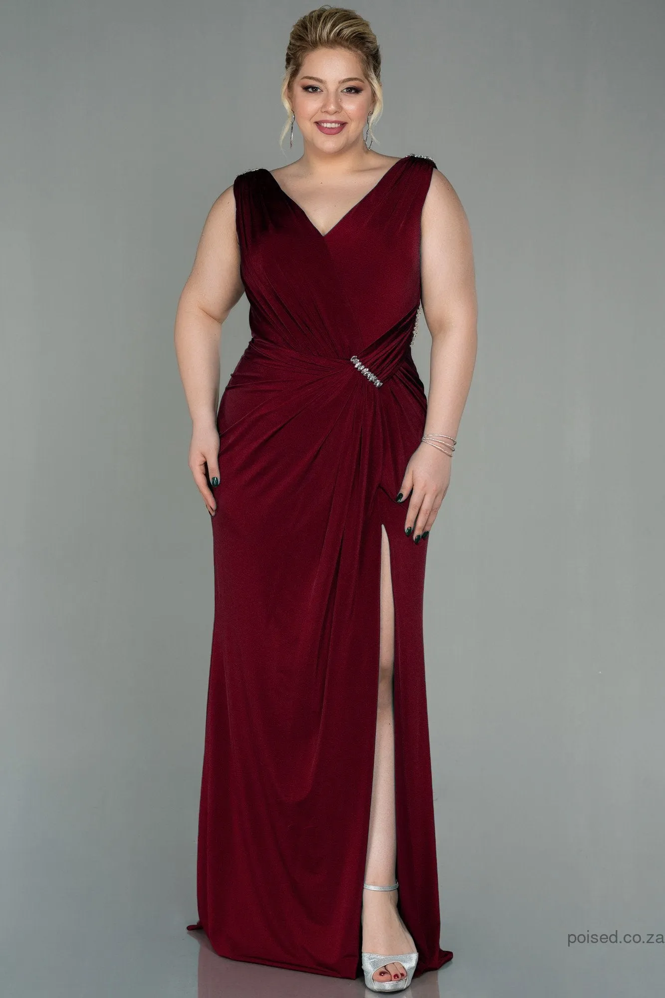 30276 Burgundy Slit Draped Dress