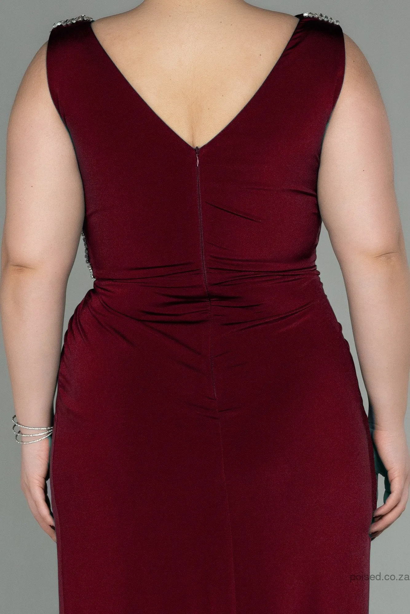 30276 Burgundy Slit Draped Dress