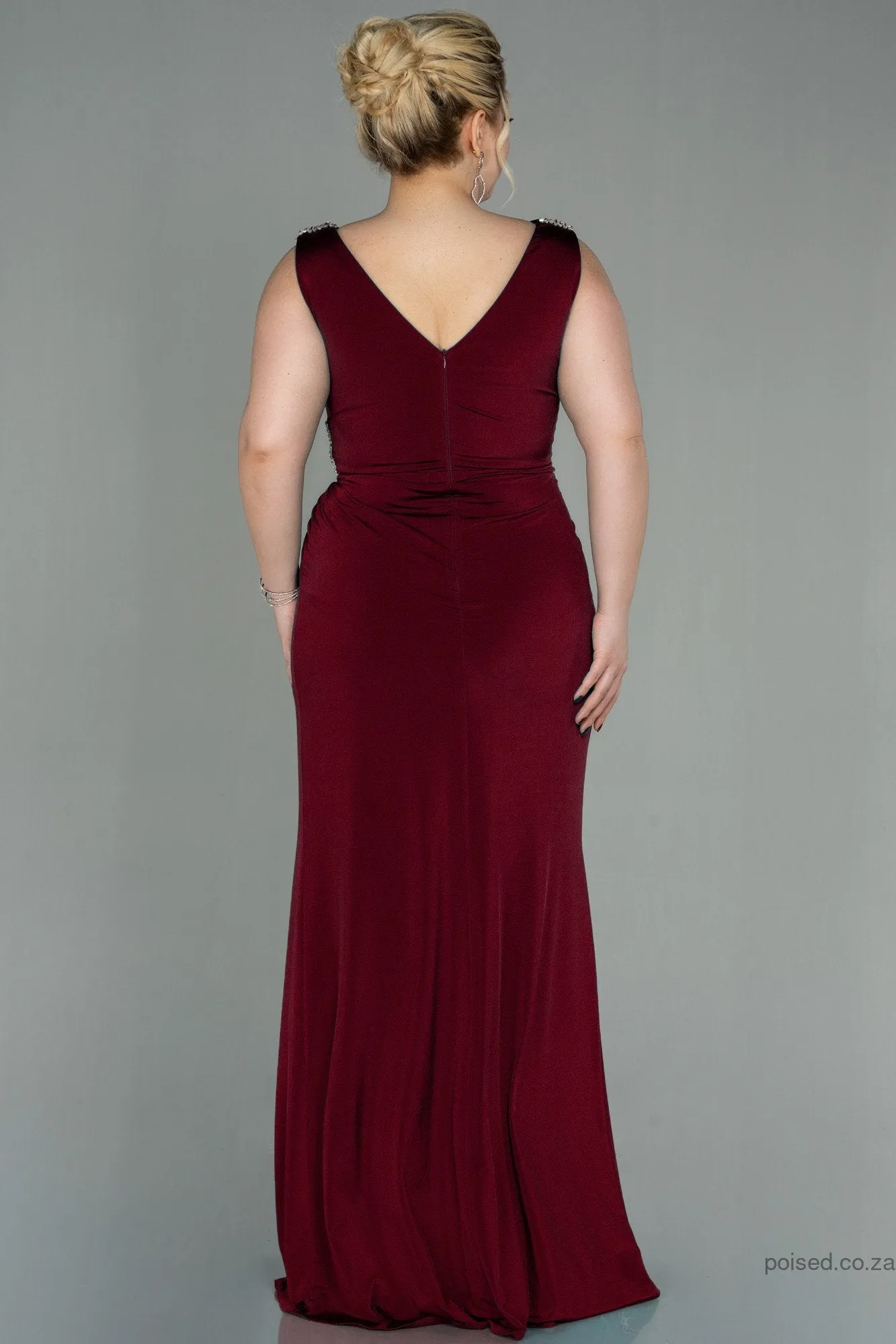 30276 Burgundy Slit Draped Dress