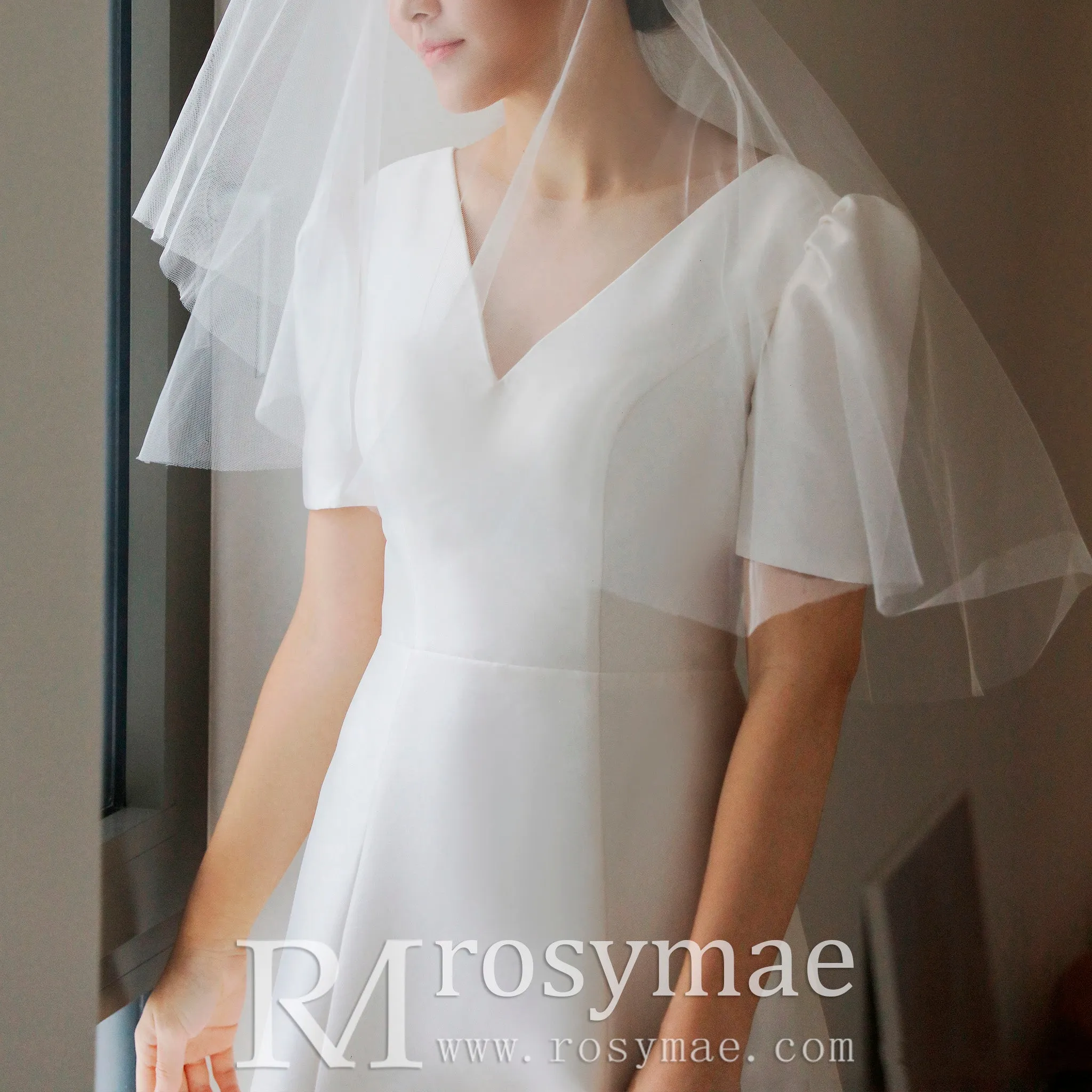 3/4 Sleeve Satin Vneck Wedding Dress with Ankle Length