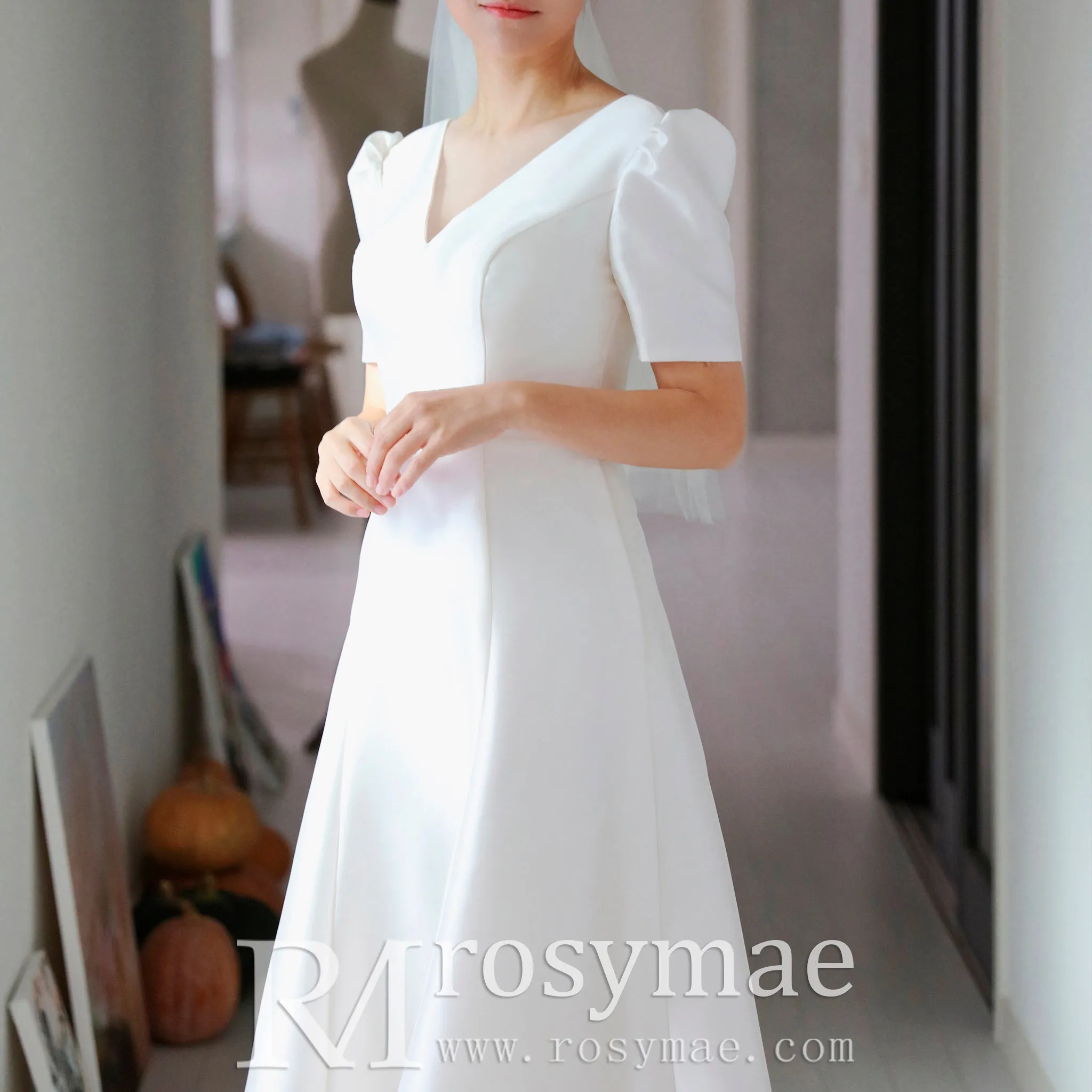 3/4 Sleeve Satin Vneck Wedding Dress with Ankle Length