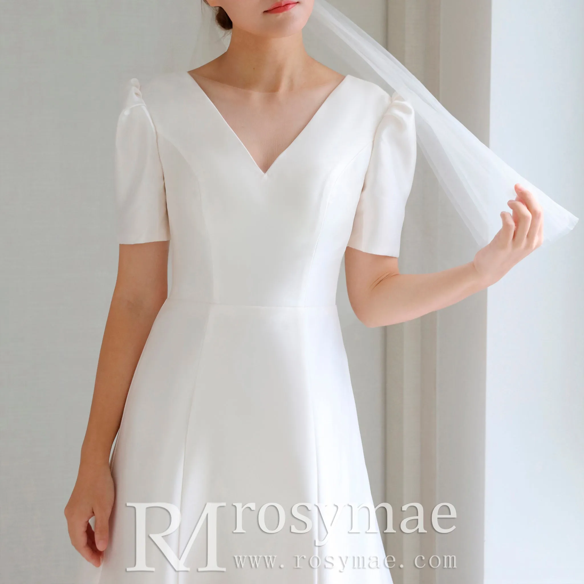 3/4 Sleeve Satin Vneck Wedding Dress with Ankle Length