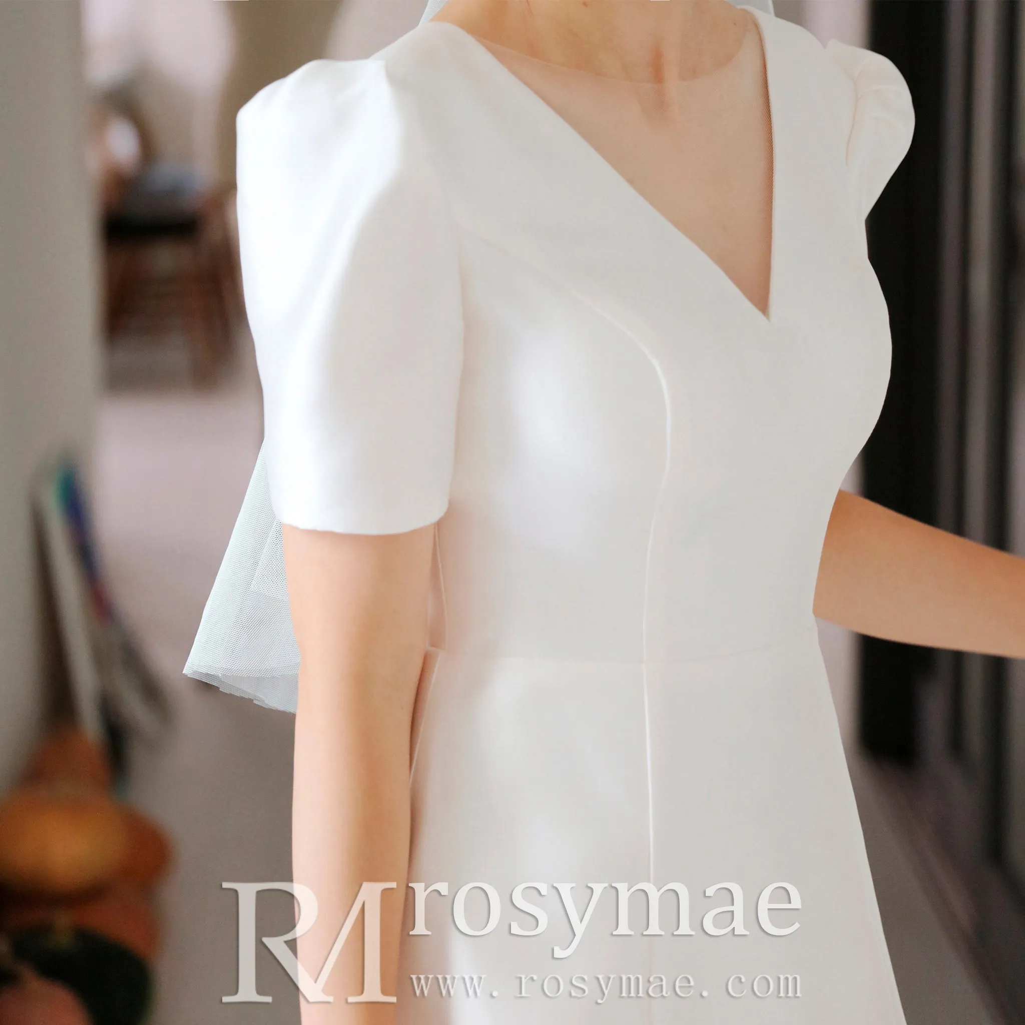 3/4 Sleeve Satin Vneck Wedding Dress with Ankle Length