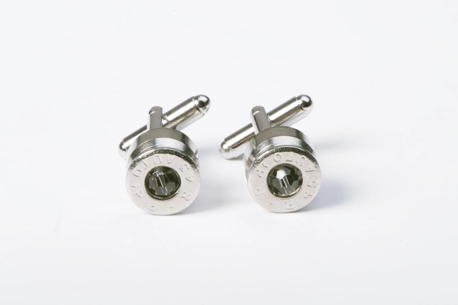 45 Caliber Silvertoned Cufflinks with Gray Swarovski Crystals