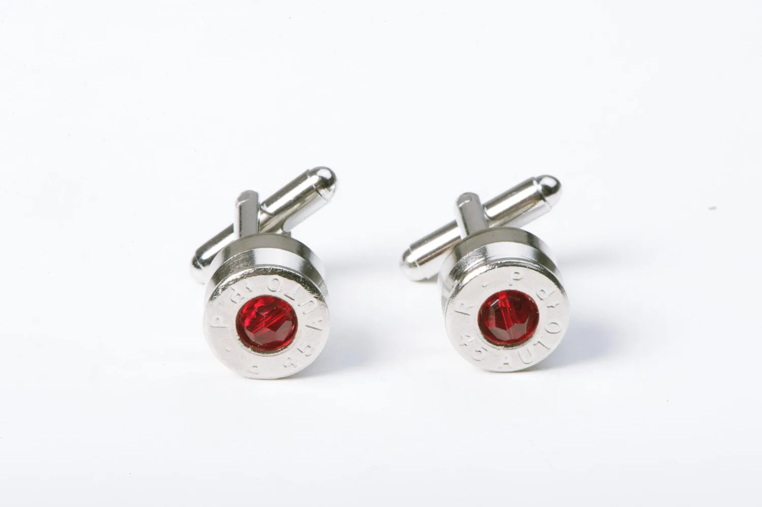 45 Caliber Silvertoned Cufflinks with Red Swarovski Crystals