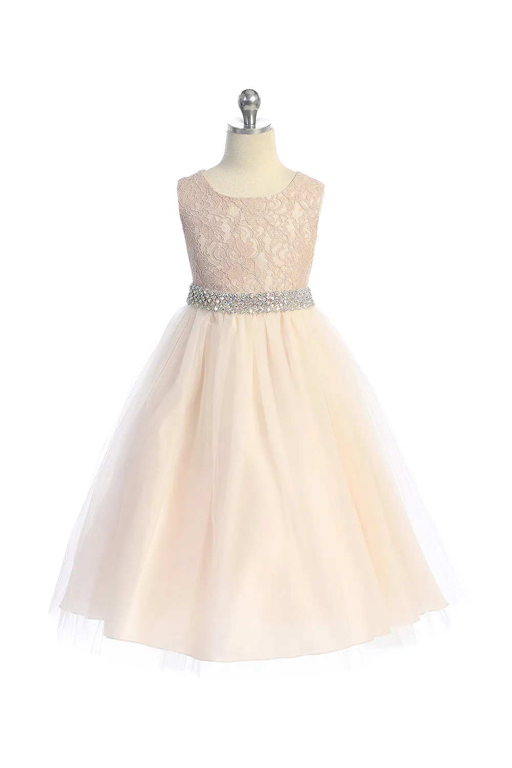 524-E Long Lace Illusion Dress w/ Thick Rhinestone Trim