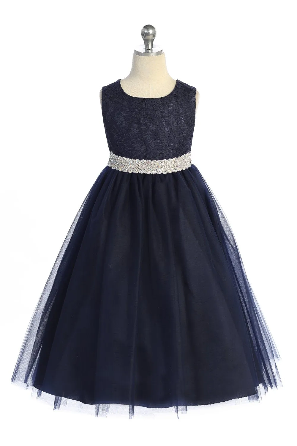 524-E Long Lace Illusion Dress w/ Thick Rhinestone Trim
