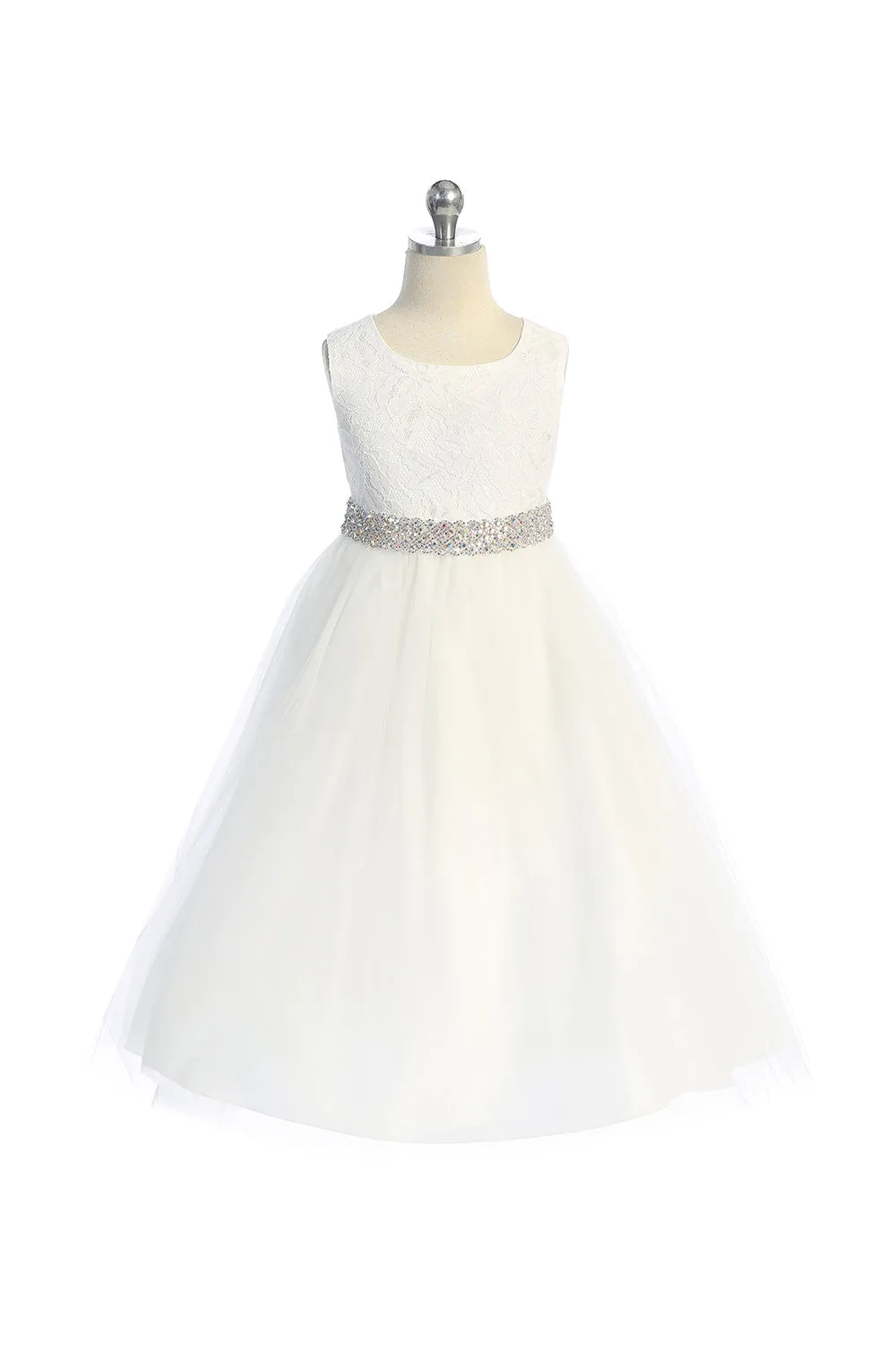 524-E Long Lace Illusion Dress w/ Thick Rhinestone Trim