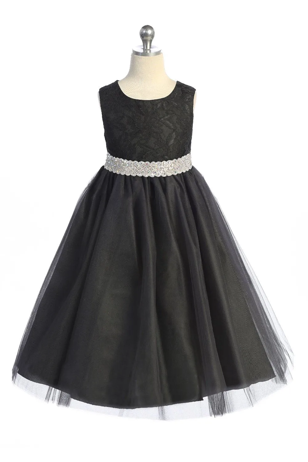 524-E Long Lace Illusion Dress w/ Thick Rhinestone Trim